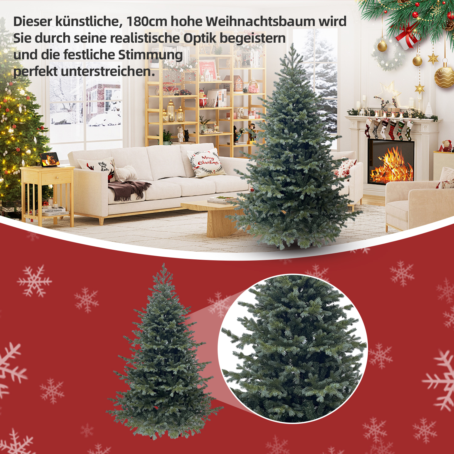 Ein grüner künstlicher Weihnachtsbaum steht in einem Wohnzimmer. Ein kleinerer Baum befindet sich links. Kamin und Dekorationen sind sichtbar.