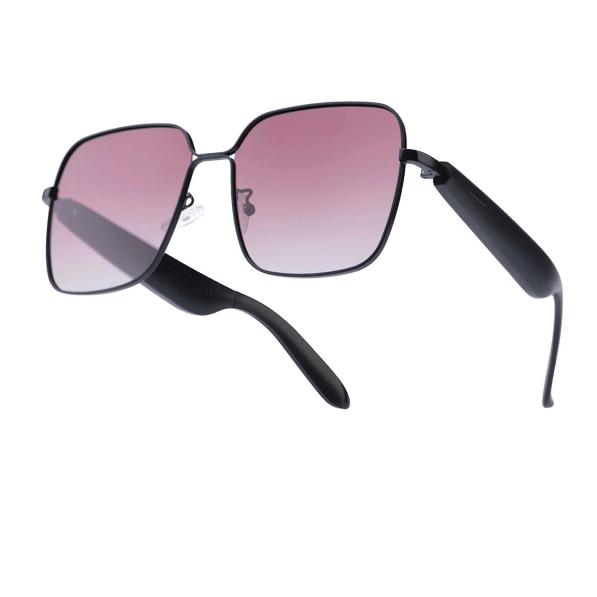 Quadratische Sonnenbrille mit schwarzem Rahmen und rosa Farbverlaufgläsern auf weißem Hintergrund.