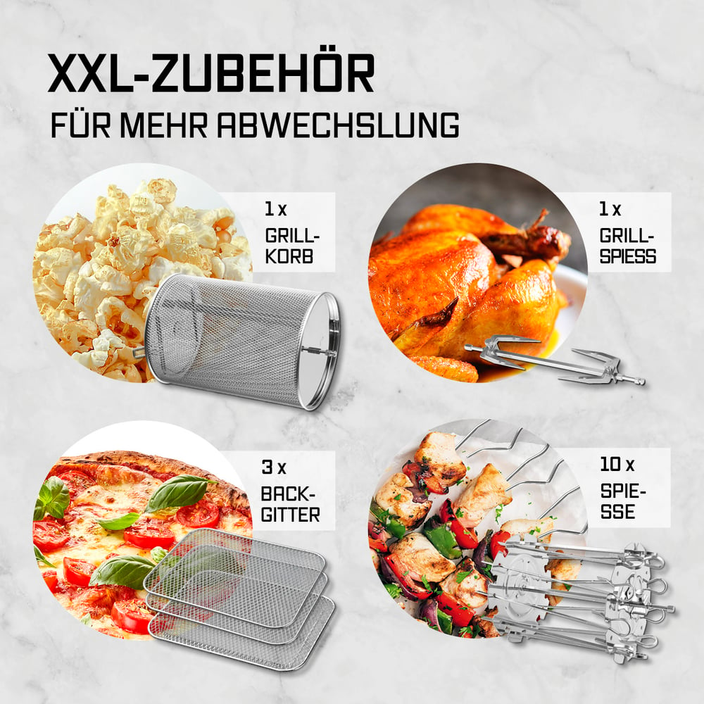 Das Bild zeigt Grillzubehör: Grillkorb, Drehspieß, Backbleche und Spieße. Zu den Lebensmitteln gehören Popcorn, Huhn, Pizza und Kebabs.