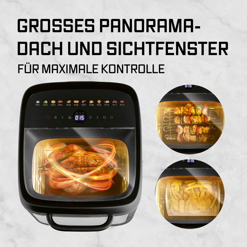 Eine Heißluftfritteuse mit einem gebratenen Hähnchen. Zwei runde Fenster zeigen Spieße und Pommes. Text oben.