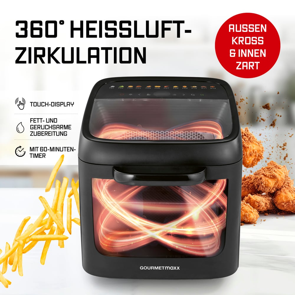 Ein schwarzer Heißluftfritteuse mit transparentem Fenster zeigt Heißluftzirkulation, Frittiertes und Bedienfeld. Text: 360° Luftzirkulation.