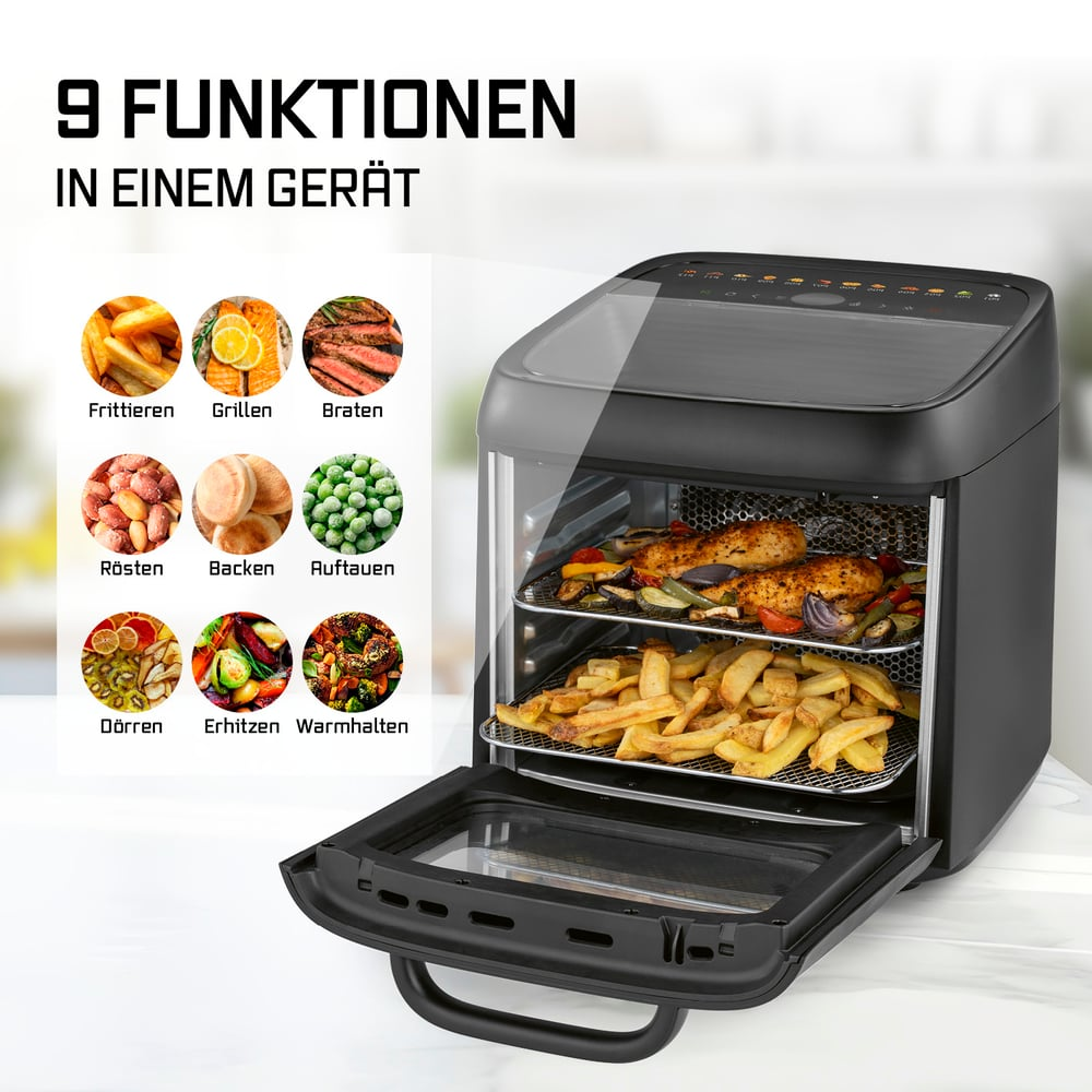 Schwarze Heißluftfritteuse mit offener Tür, zeigt Pommes und gekochtes Essen. Oben: 9 Funktionen. Neun Essenssymbole.