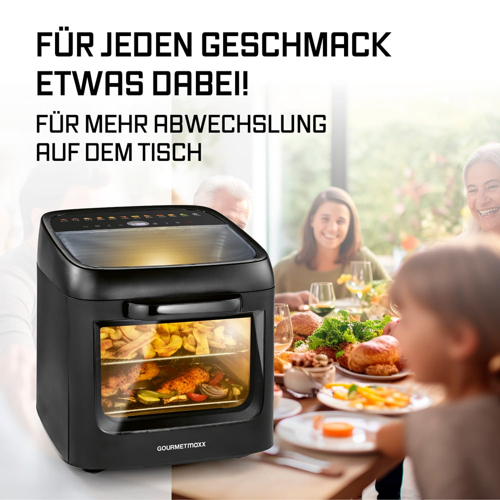 Schwarze Heißluftfritteuse mit Essen, vor einer Familie am Tisch, die ein Essen genießt, mit Text darüber.