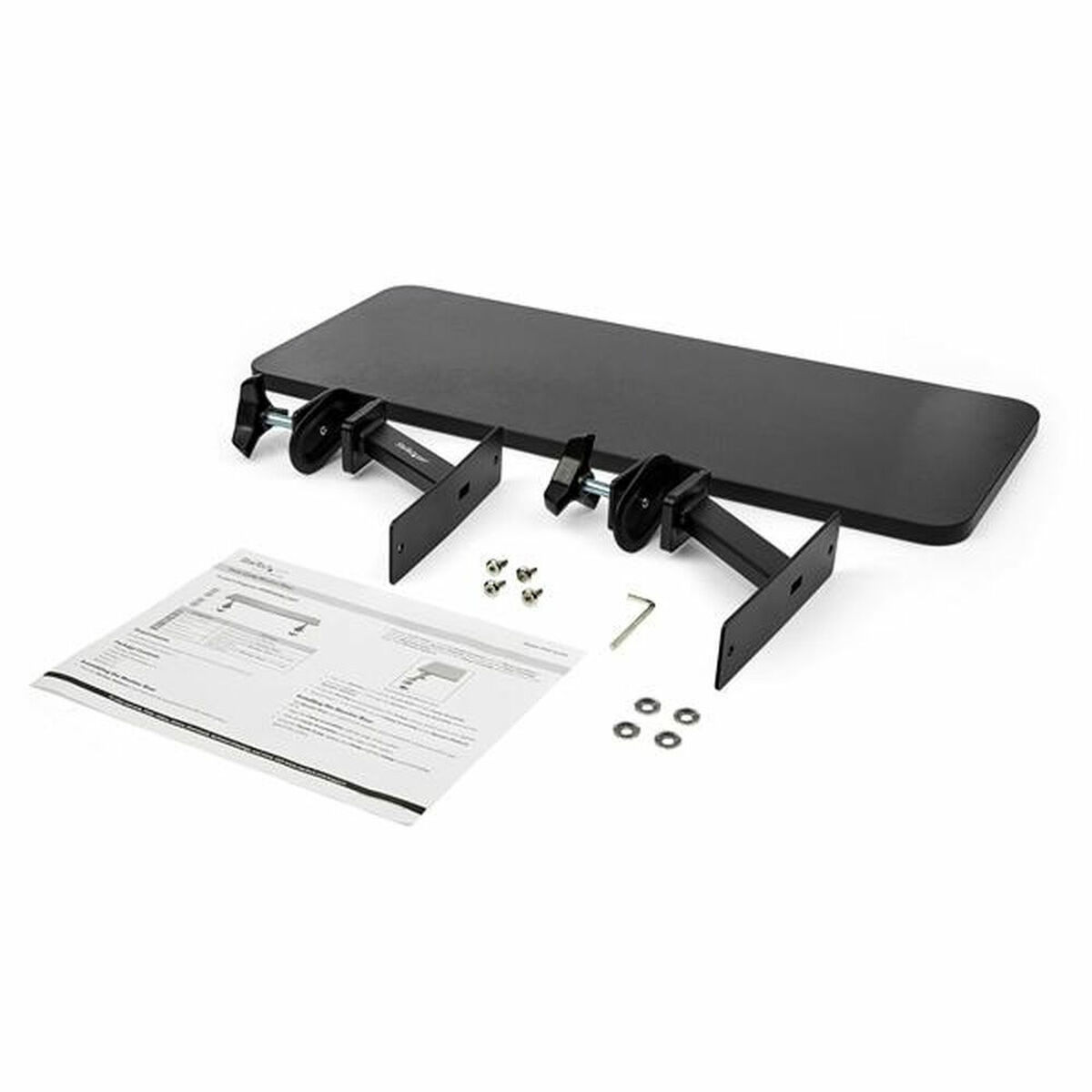 Schwarzes Schreibtischregal mit Befestigungsmaterial und Anleitung. Schrauben, ein Schraubenschlüssel und Unterlegscheiben sind enthalten.