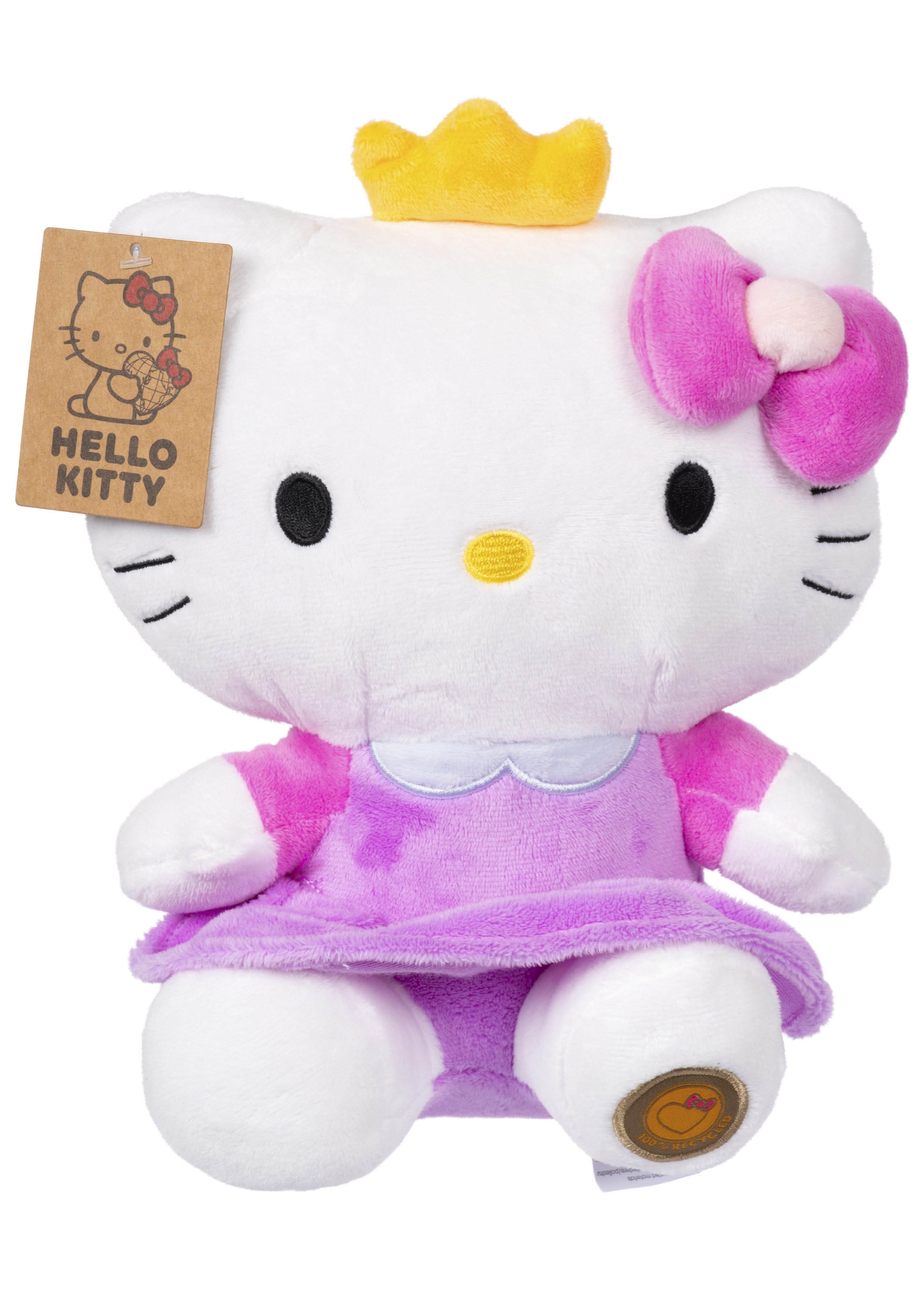 Ein Hello Kitty Plüschtier mit rosa Kleid und gelber Krone, mit einer Schleife auf dem Kopf und einem Anhänger.