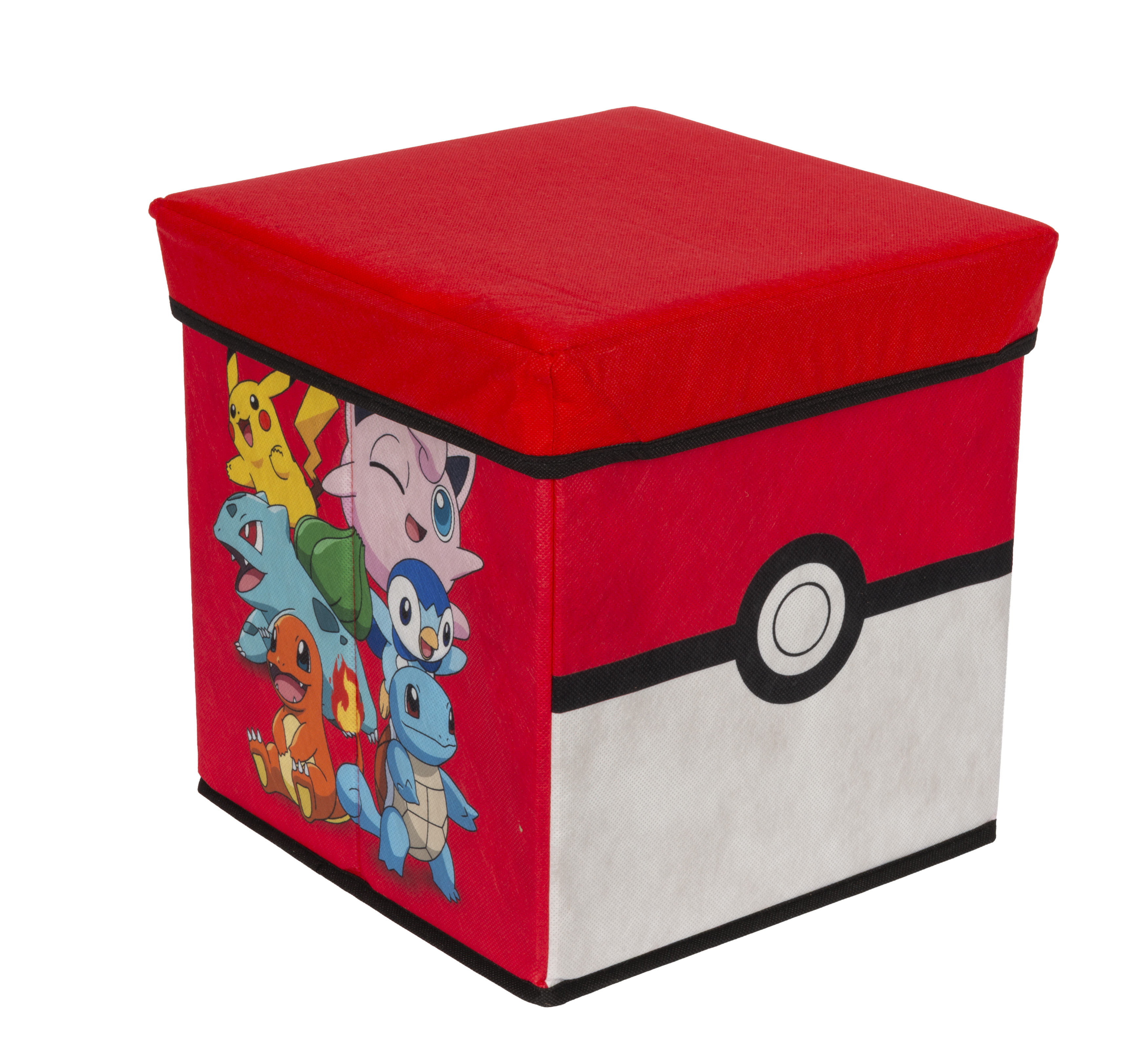 Ein roter und weißer Pokemon-Aufbewahrungswürfel. Die Seite hat Pokemon-Charaktere. Die Oberseite ist rot.