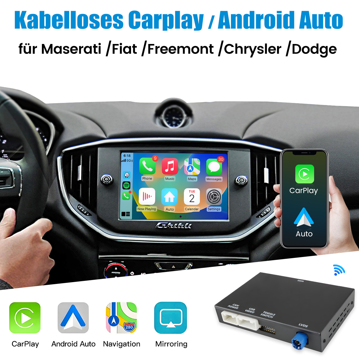 Carplay/Android Auto-Bildschirm in einem Auto mit einem Telefon, das CarPlay zeigt. Zusätzliche App-Symbole und eine schwarze Box sind ebenfalls sichtbar.