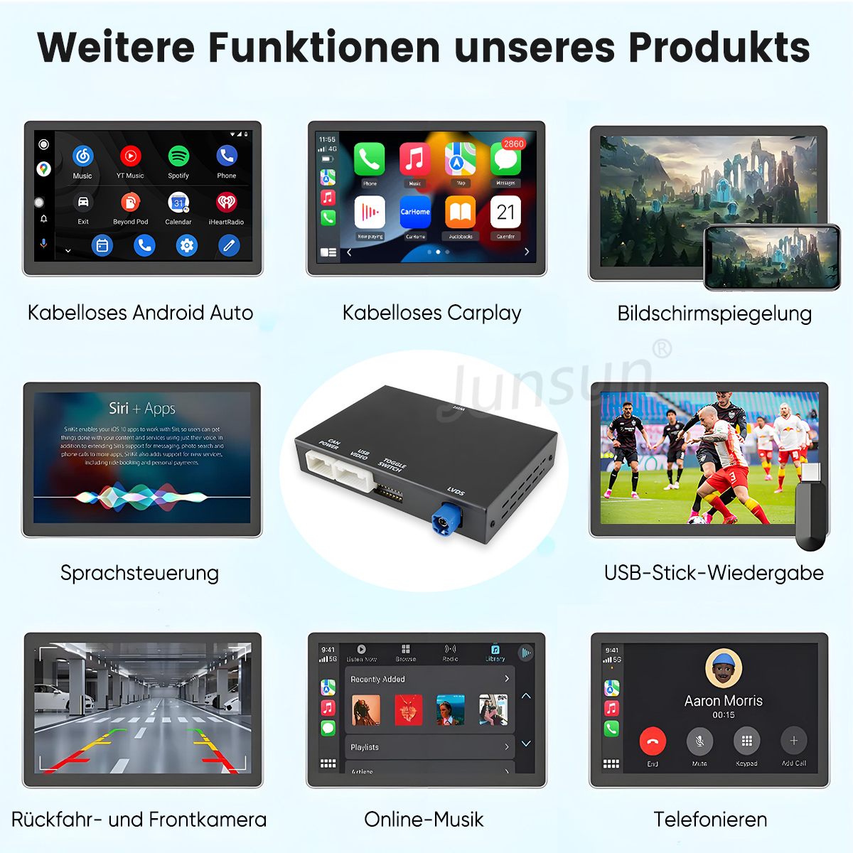 Produktmerkmale, einschließlich Android Auto, CarPlay, Bildschirmspiegelung, Siri, USB-Wiedergabe, Parkkamera, Online-Musik und Telefon.