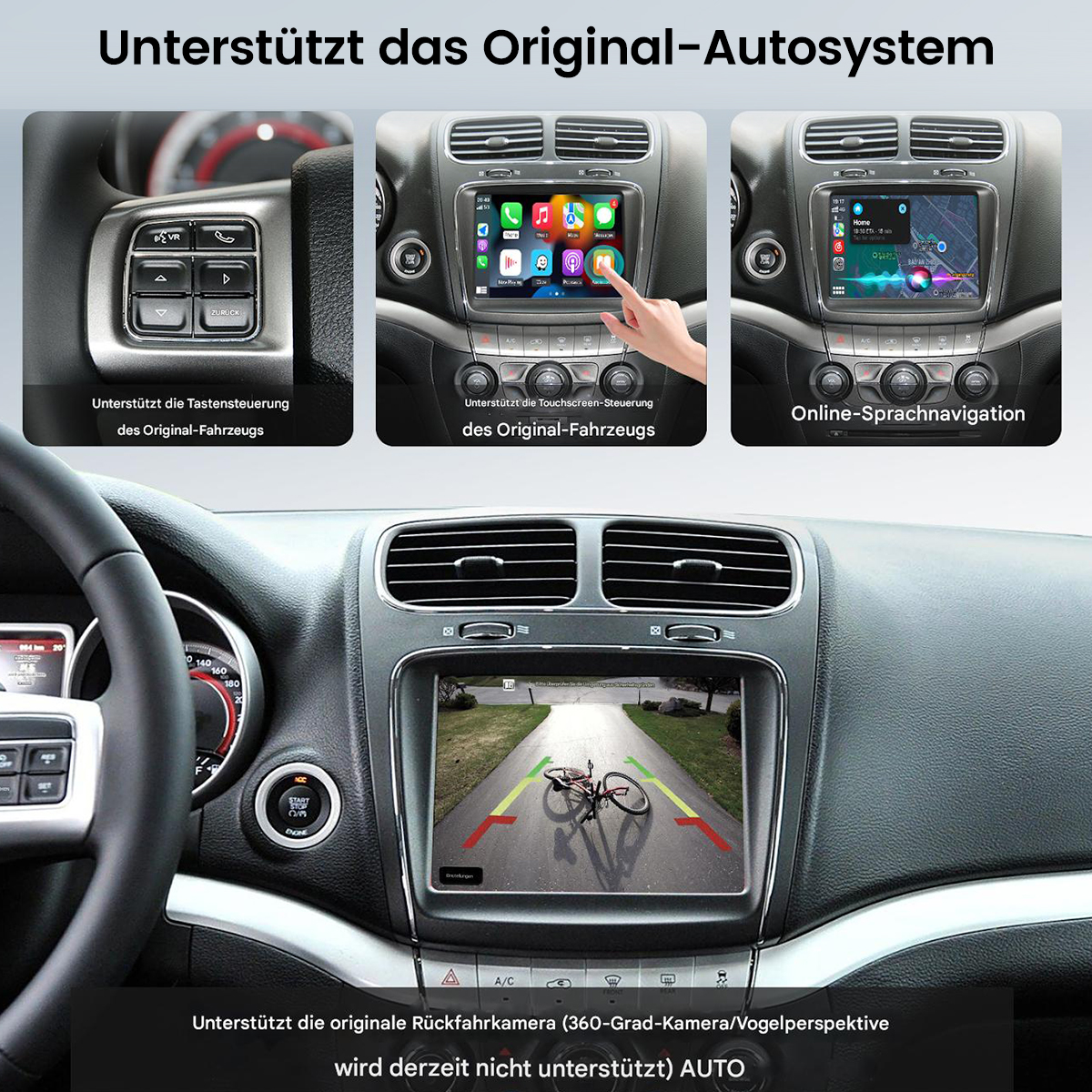 Autointerieur mit Armaturenbrett und zentralem Bildschirm mit Navigations- und Kameraansichten. Knöpfe und Lenkrad auch sichtbar.
