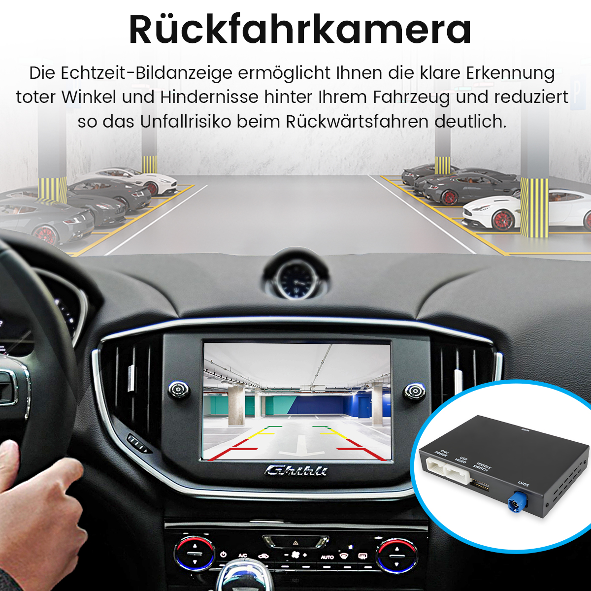 Autointerieur mit Display, das eine Parkansicht zeigt. Geparkte Autos im Hintergrund. Rechts ist eine kleine schwarze Box abgebildet.
