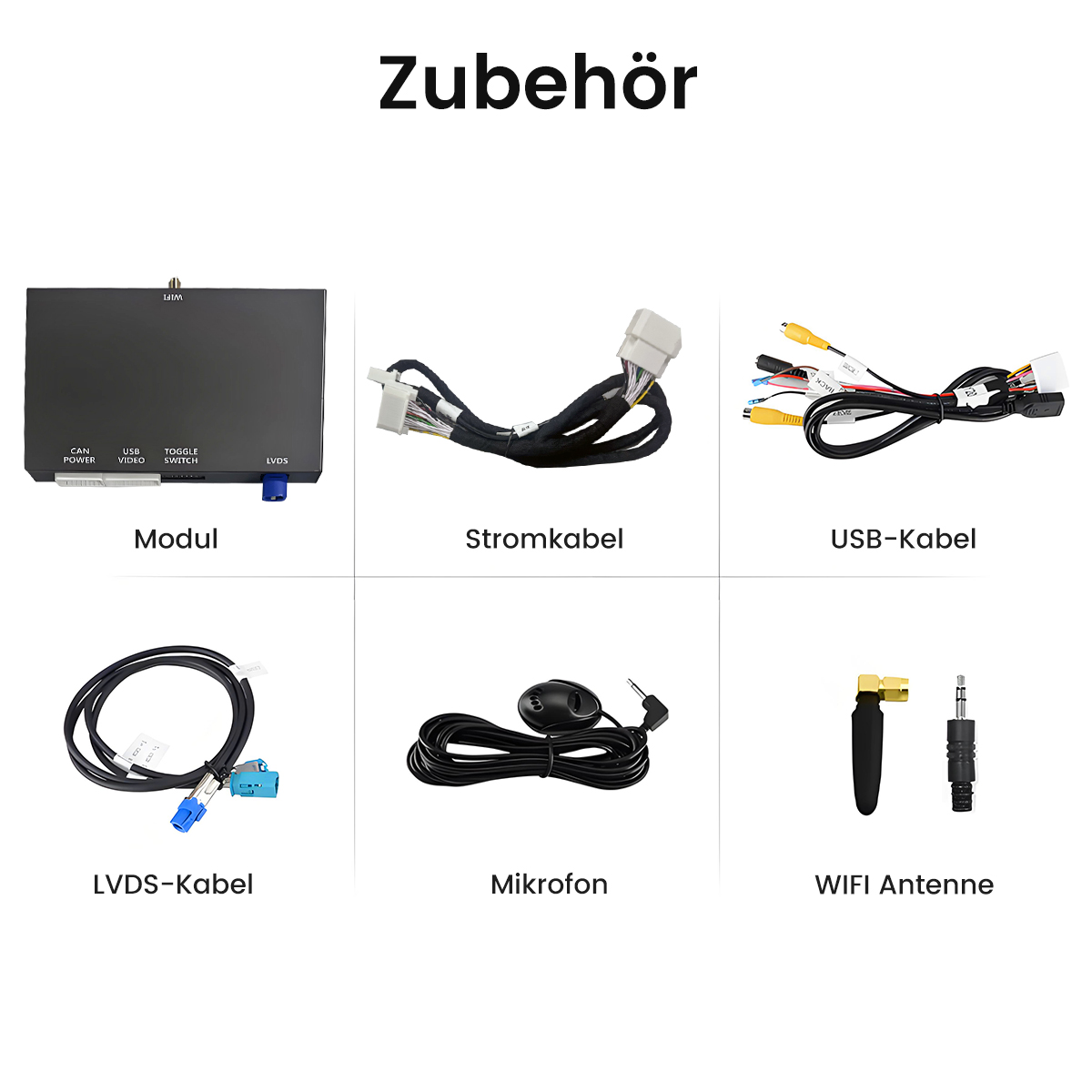 Das Bild zeigt Auto-Audio-Zubehör: Modul, Stromkabel, USB-Kabel, LVDS-Kabel, Mikrofon und WLAN-Antenne. Text auf Deutsch.