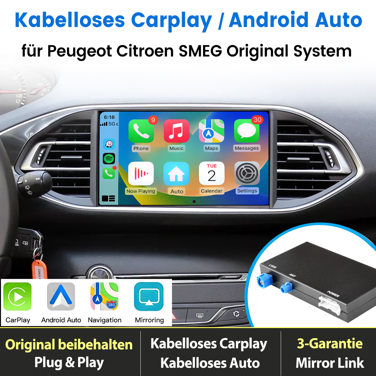 Autoinstrumententafel mit CarPlay-Oberfläche. Text zeigt Wireless CarPlay/Android Auto für Peugeot Citroen an.