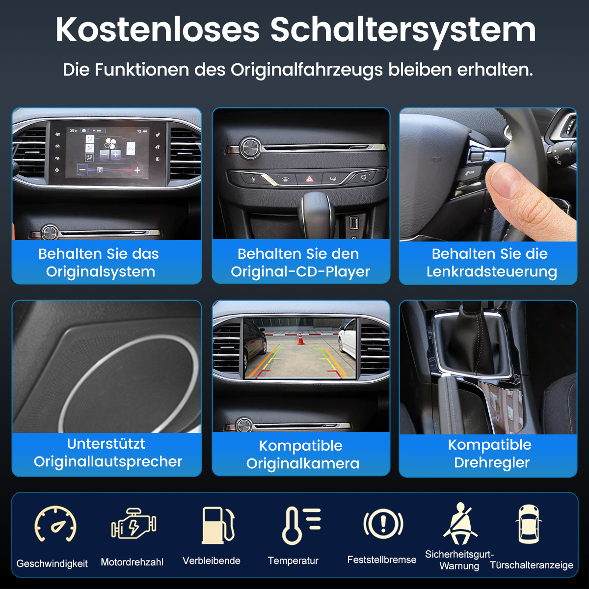 Autointerieur mit Armaturenbrett, Bildschirm, Lenkrad, Schalthebel und Lautsprechern. Deutscher Text: Originalfunktionen bleiben erhalten.