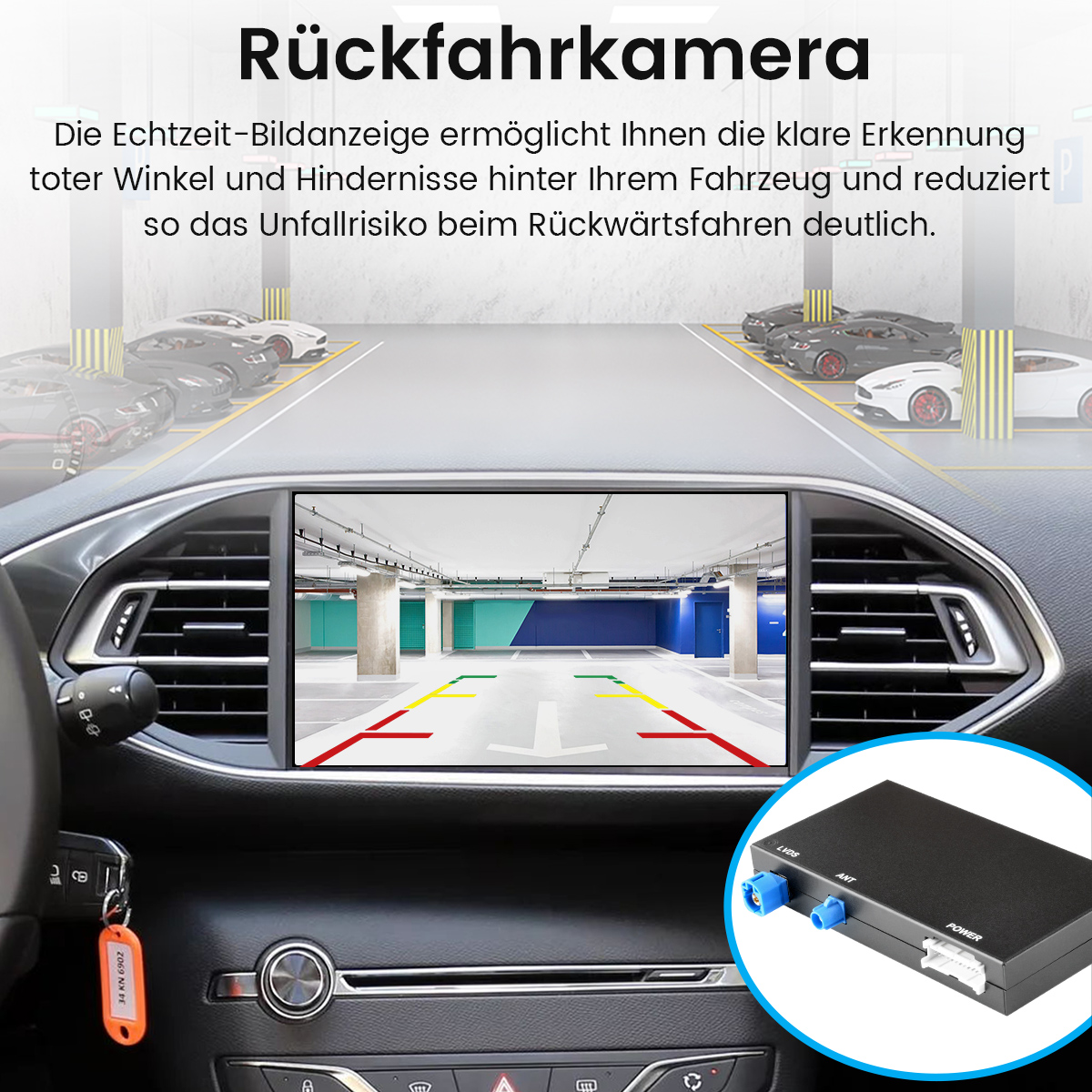 Autoinstrumententafel mit Bildschirm, der die Parkhausansicht zeigt. Text: Rückfahrkamera. Schlüssel und eine blau umrandete Box mit einer schwarzen Box befinden sich rechts.