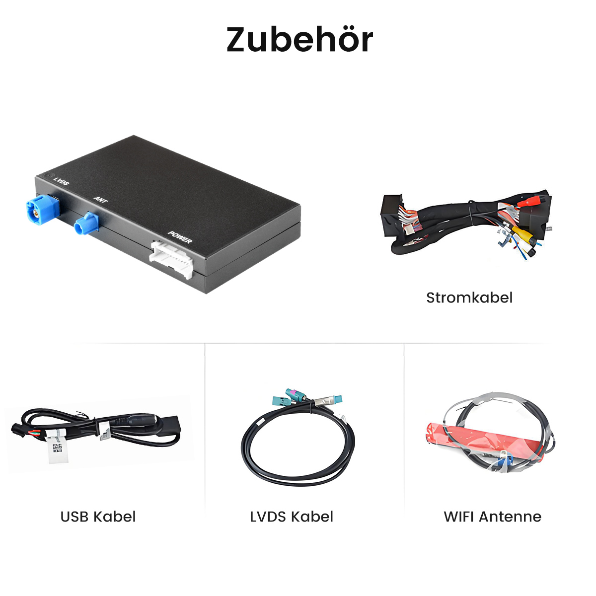 Das Bild zeigt Autozubehör: eine schwarze Box, ein Stromkabel, ein USB-Kabel, ein LVDS-Kabel und eine WIFI-Antenne.