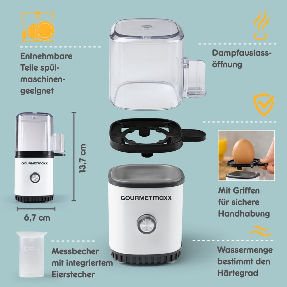 Explosionsansicht eines Eierkochers. Komponenten umfassen eine weiße Basis, einen transparenten Deckel und einen schwarzen Halter. Text in deutscher Sprache.