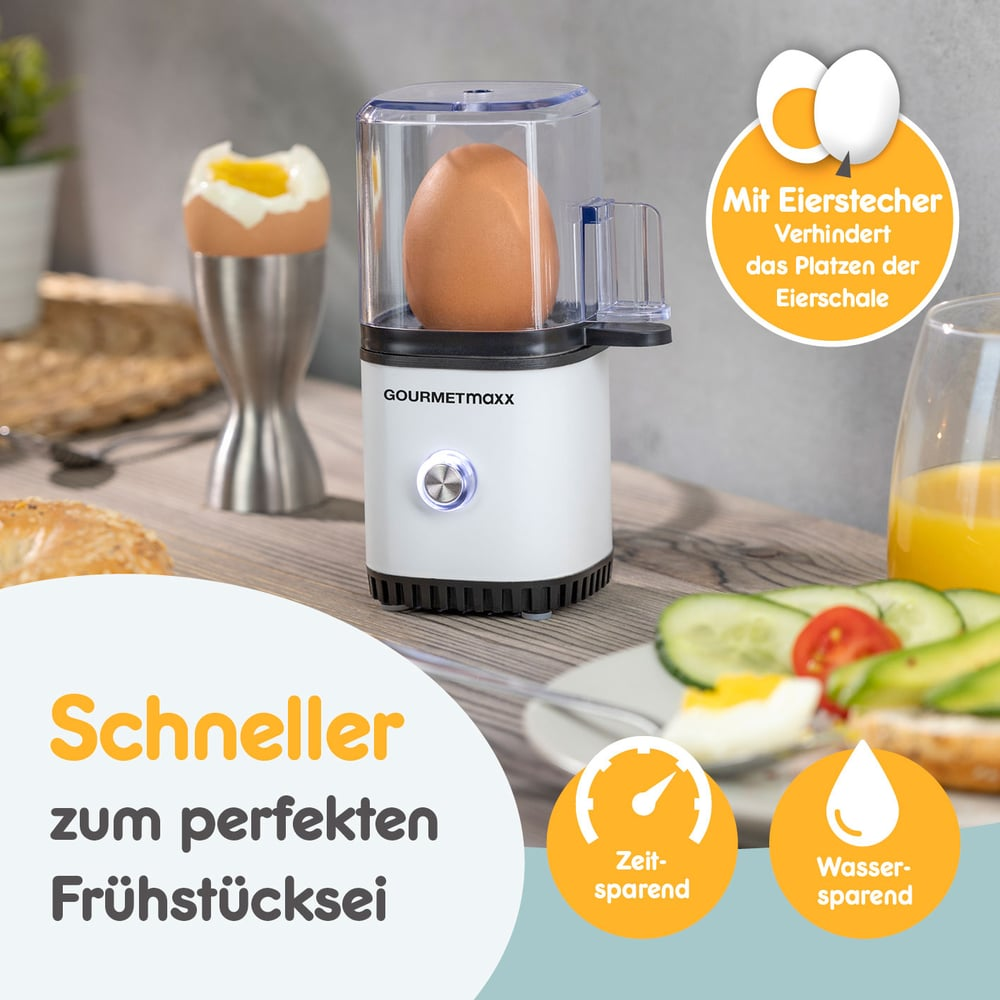 Eierkocher mit Ei, gekochtes Ei im Halter, Brot, Gurke und Orangensaft auf einem Holztisch. Gelber Text erwähnt 'schnelles Frühstück'.
