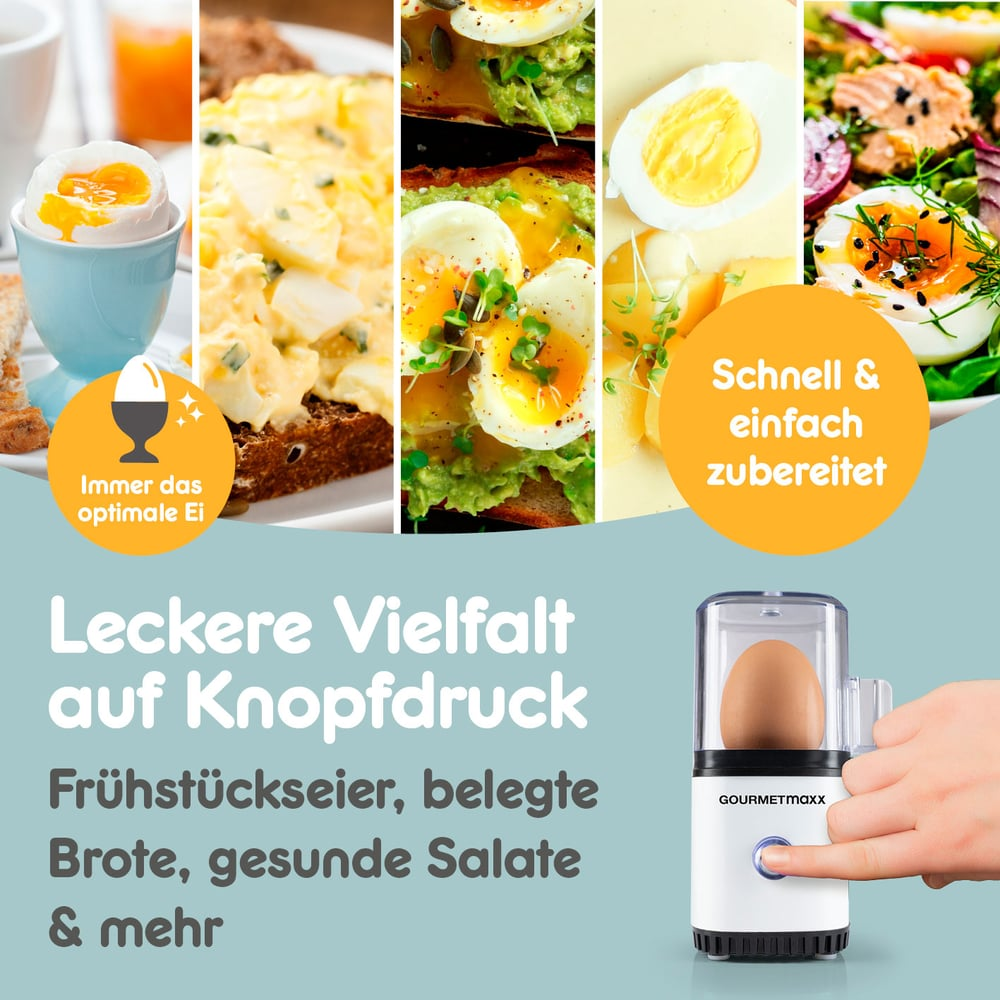 Das Bild zeigt verschiedene Eierspeisen, Text zur Förderung der schnellen und einfachen Eierzubereitung und einen Eierkocher.