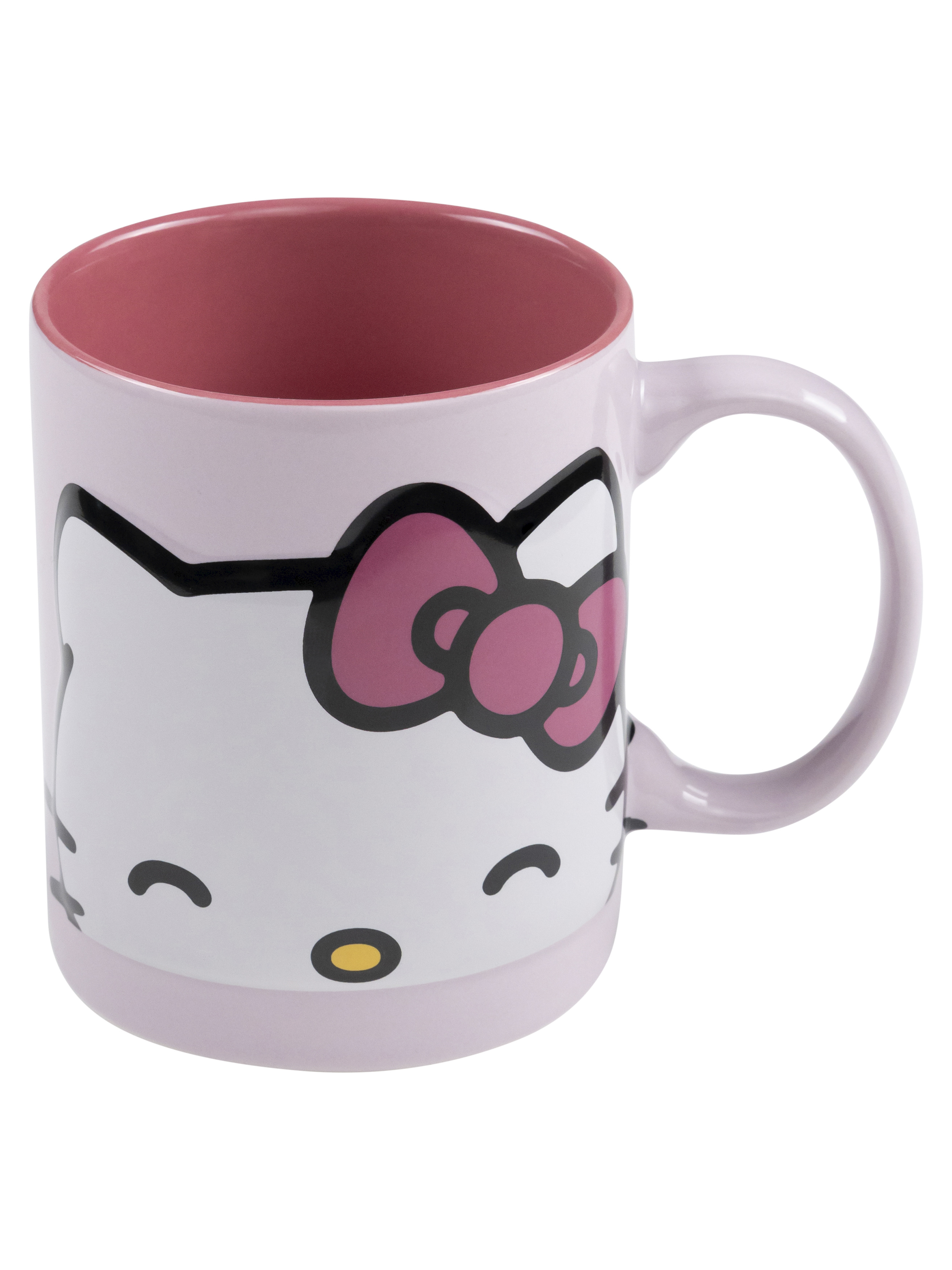Eine Hello Kitty-Tasse ist rosa mit weißem Gesicht, rosa Schleife und schwarzen Details. Die Innenseite ist rosa.