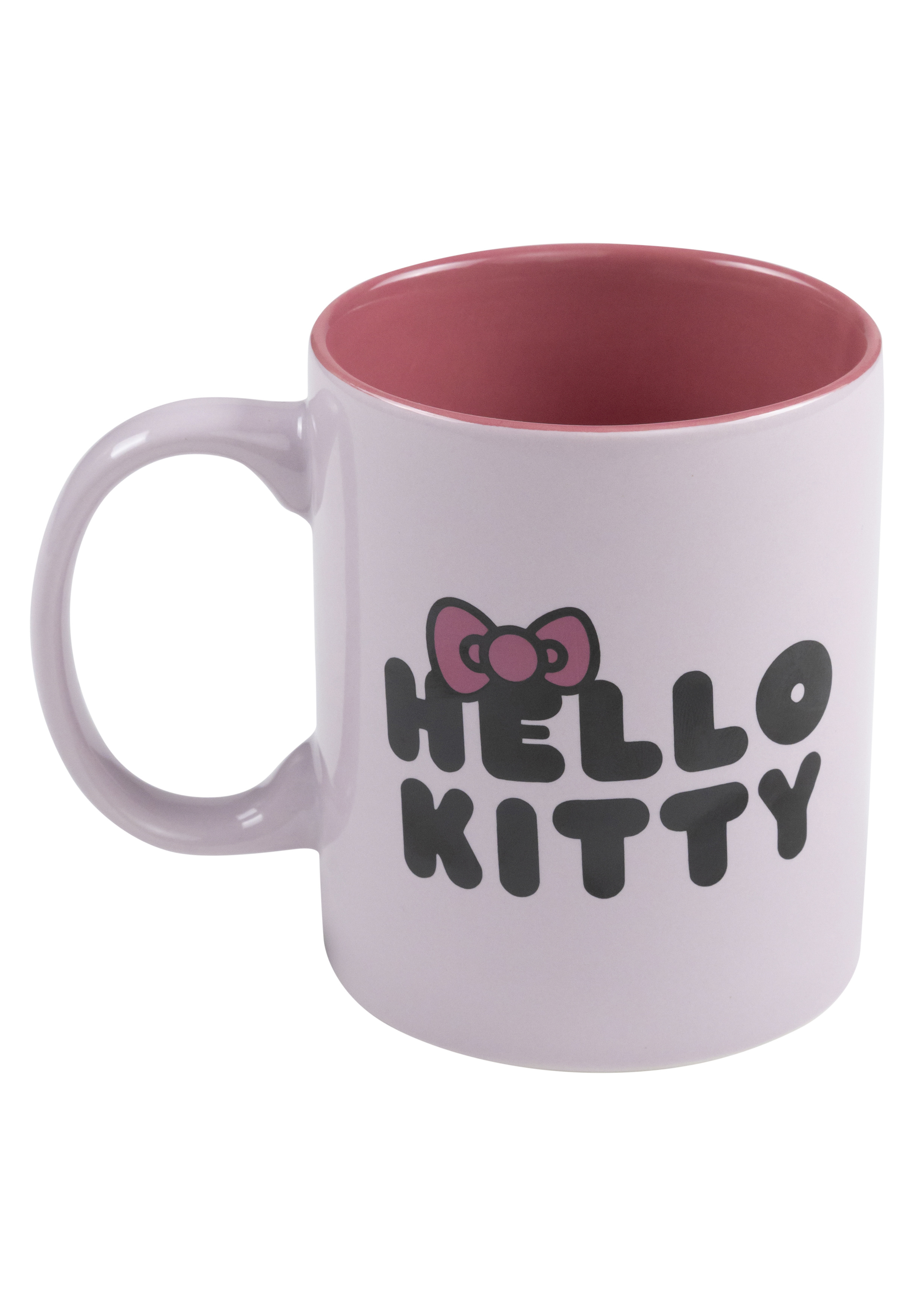 Eine Hello Kitty-Tasse ist rosa mit rosa Innenraum. Hello Kitty ist mit einer Schleife und ihrem Namen auf der Seite.