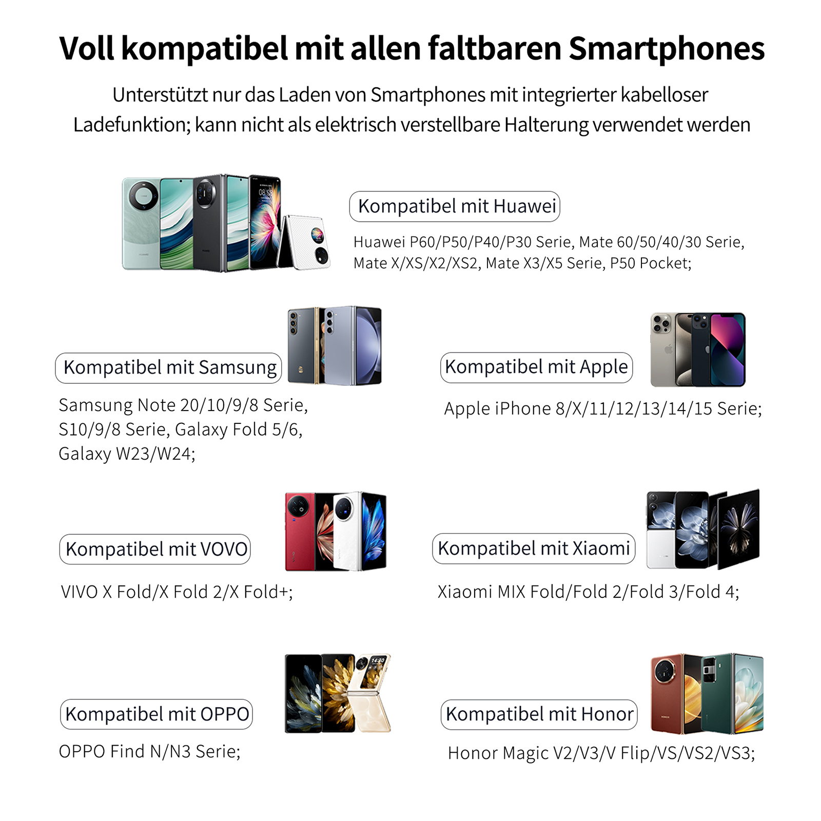 Das Bild zeigt die Kompatibilität von faltbaren Smartphones mit Marken wie Huawei, Samsung, Apple und anderen.