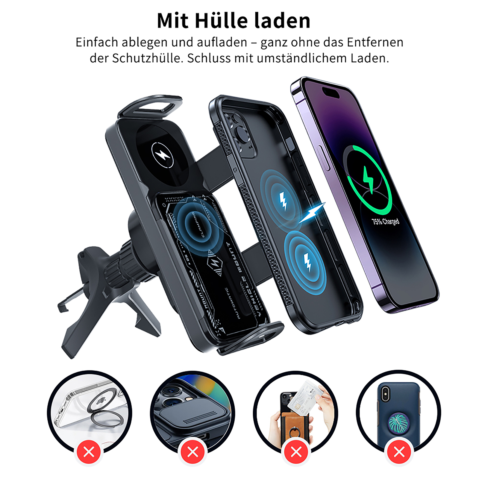 Kabelloses Autoladegerät mit Telefon und Hüllen, Ladesymbolen und Ablehnungssymbolen für bestimmte Hüllen.