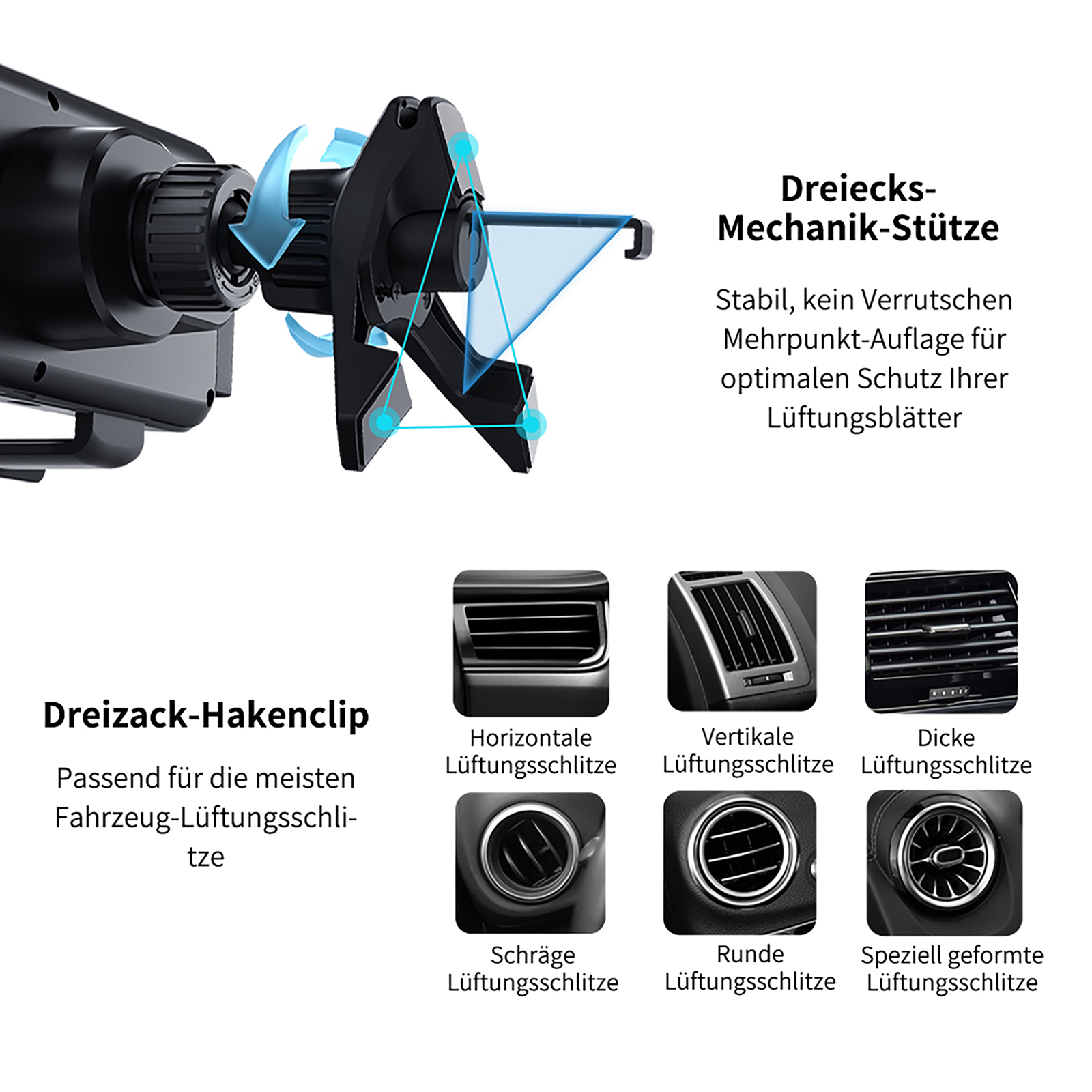 Schwarzer Handyhalter für die Lüftungsschlitze im Auto. Enthält Bilder verschiedener Ventiltypen und deutschen Text.