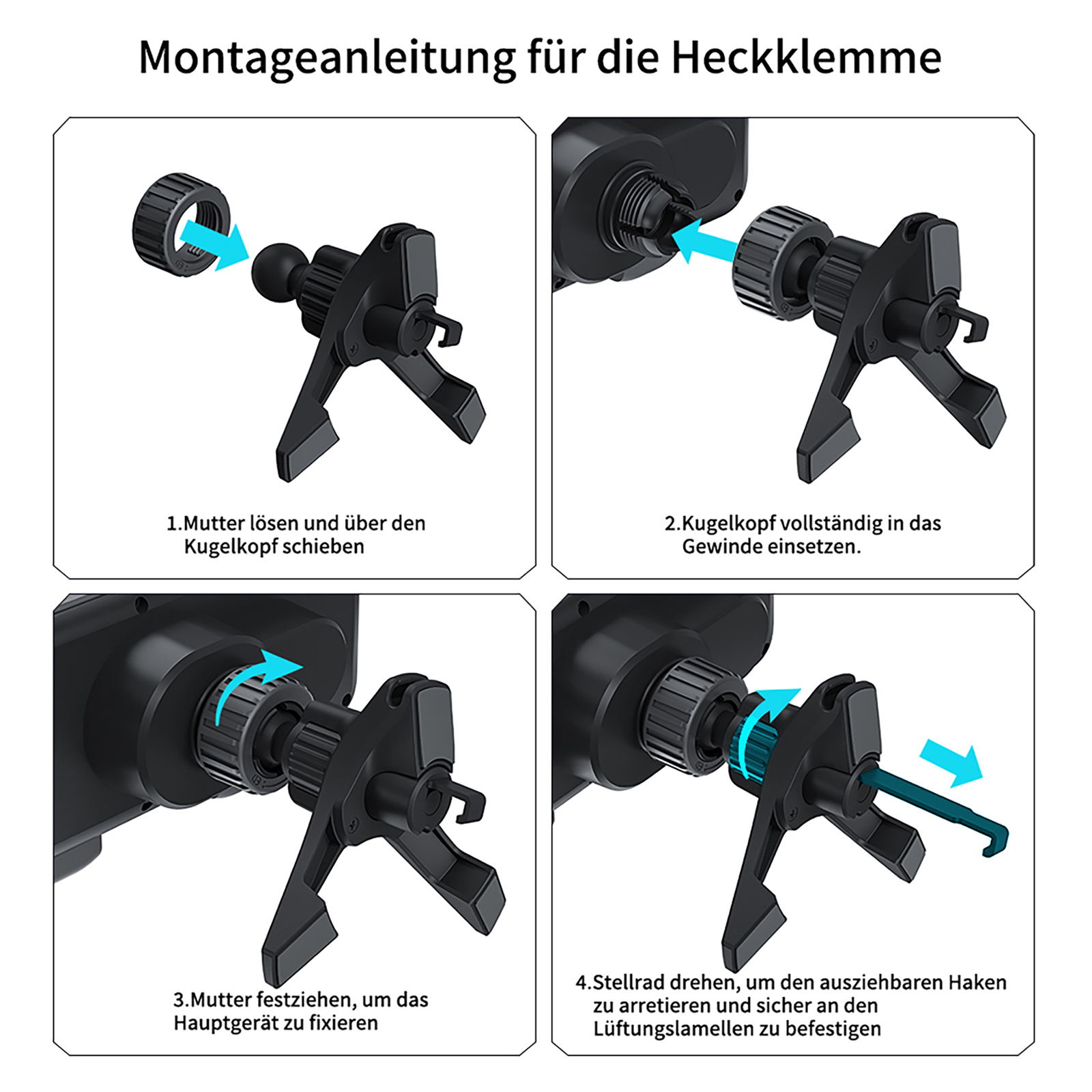 Anleitung für die Montage einer Autotelefonhalterung. Es zeigt Schritte mit Pfeilen zur Montage der Teile.