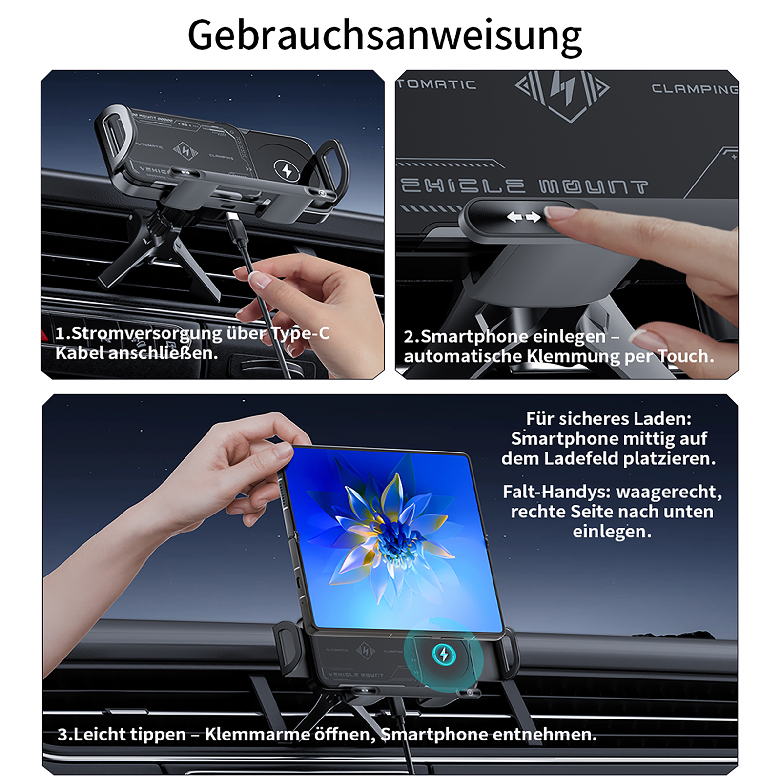 Anleitung für eine Autotelefonhalterung. Zeigt Schritte: Kabel anschließen, Telefon einlegen und Telefon entfernen.
