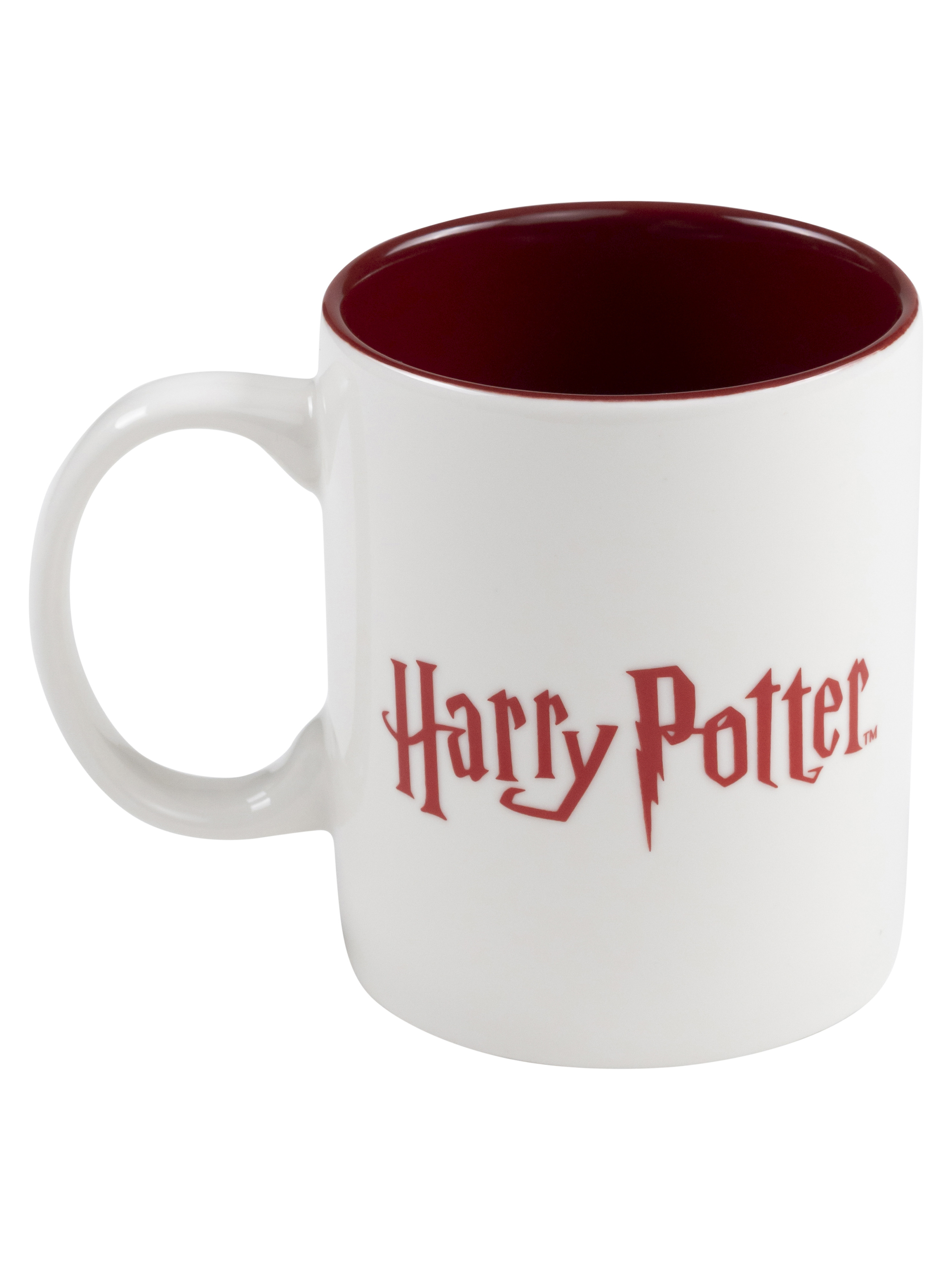 Weißer Becher mit rotem Innenraum. Er hat einen Griff und die Worte 'Harry Potter' in Rot.
