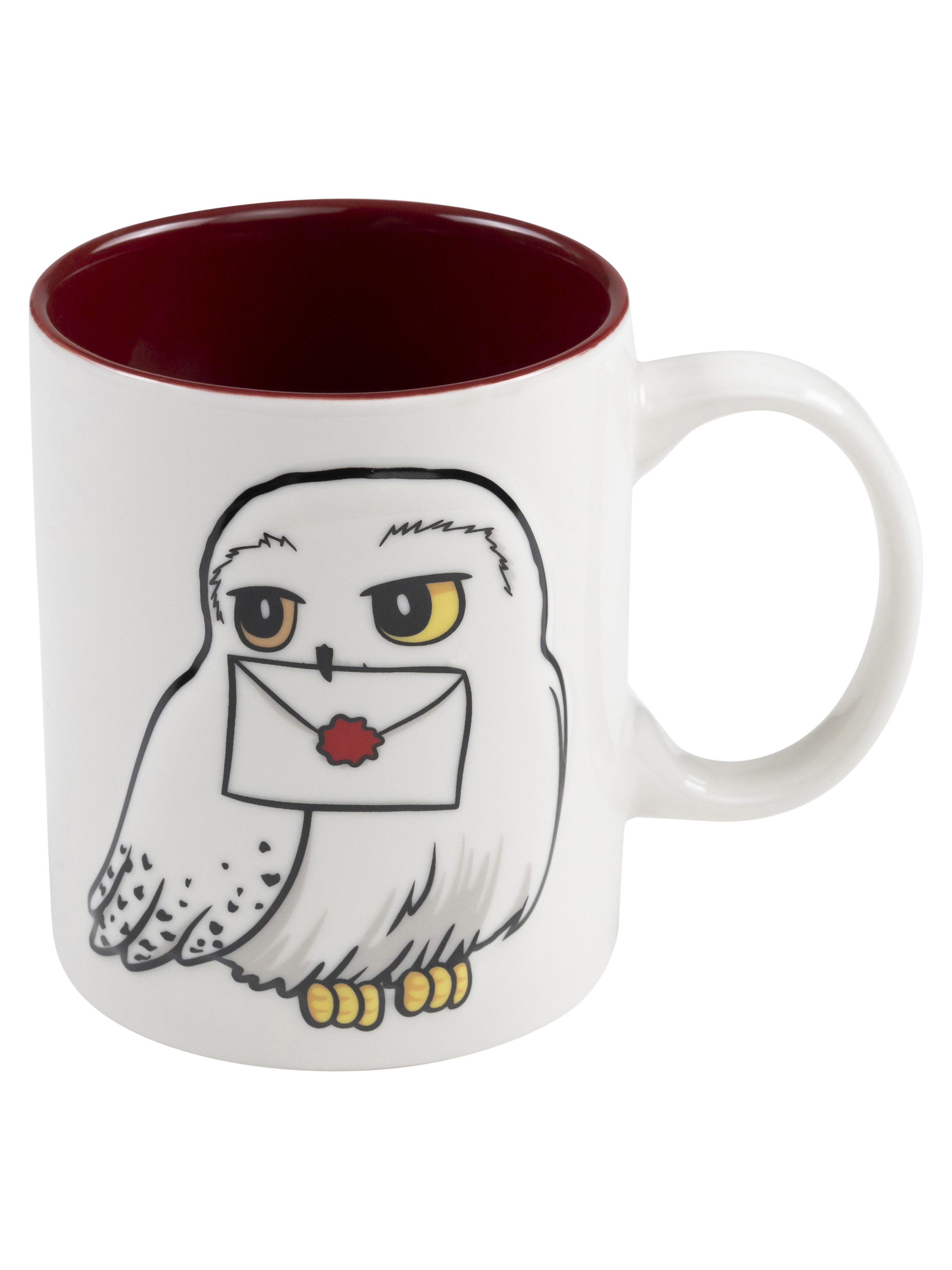 Weißer Becher mit Eulen-Design. Die Innenseite ist weinrot. Die Eule hat einen Brief im Schnabel.