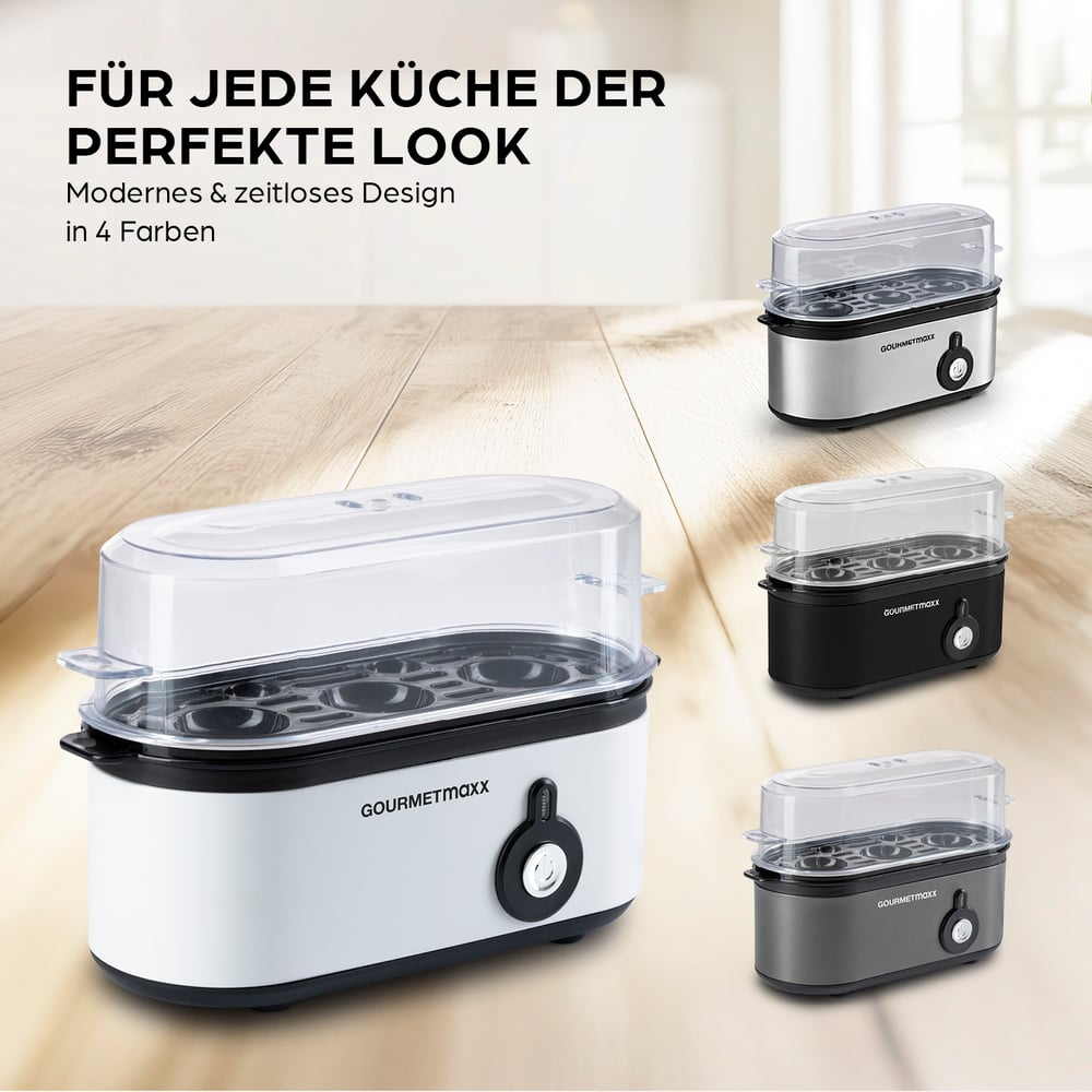 Werbung für Eierkocher in Weiß, Schwarz, Silber und Grau. Sie haben einen durchsichtigen Deckel und einen Bedienknopf.