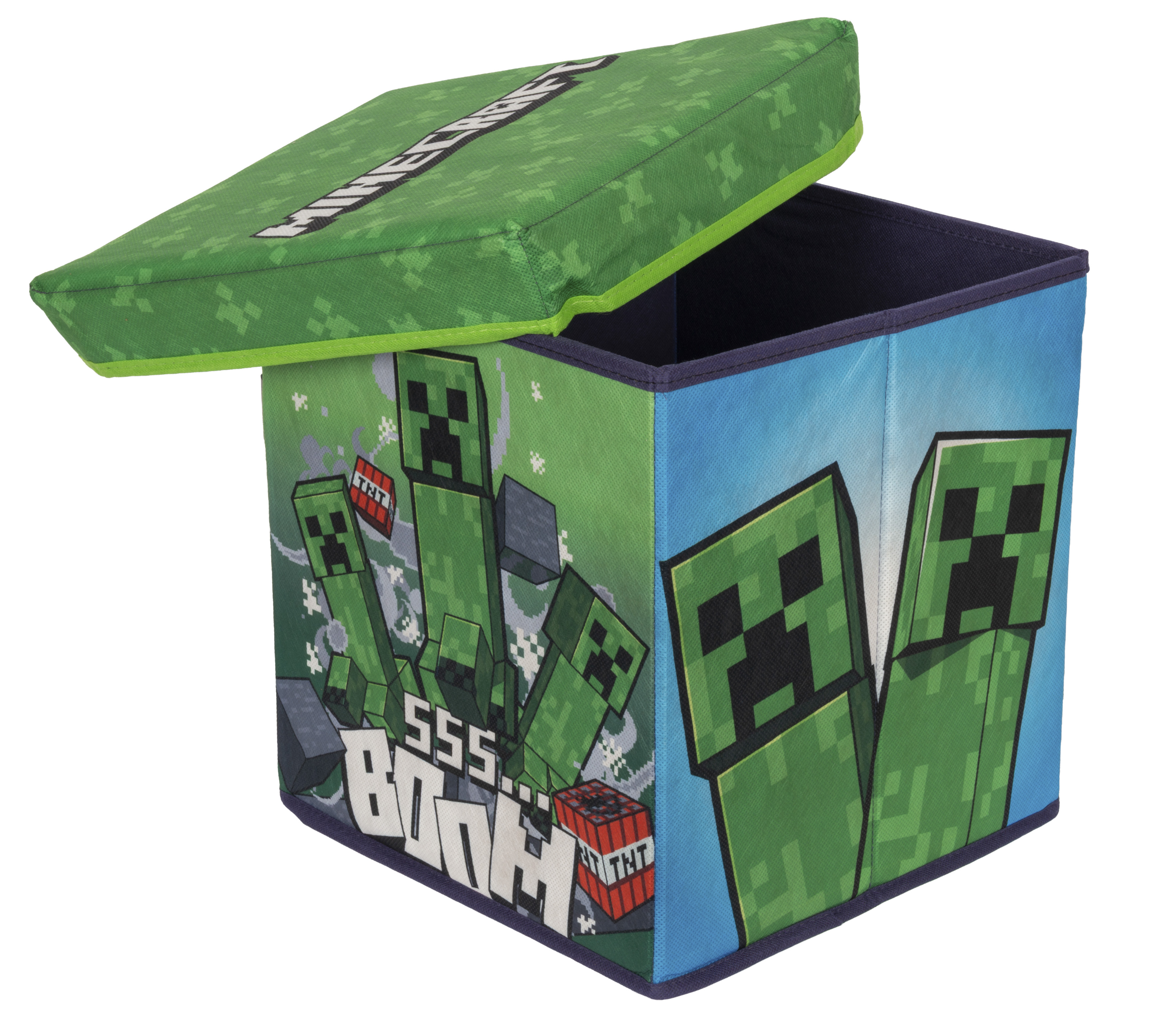 Eine Minecraft-Aufbewahrungsbox mit offenem Deckel. Sie hat grüne Creeper- und TNT-Designs.