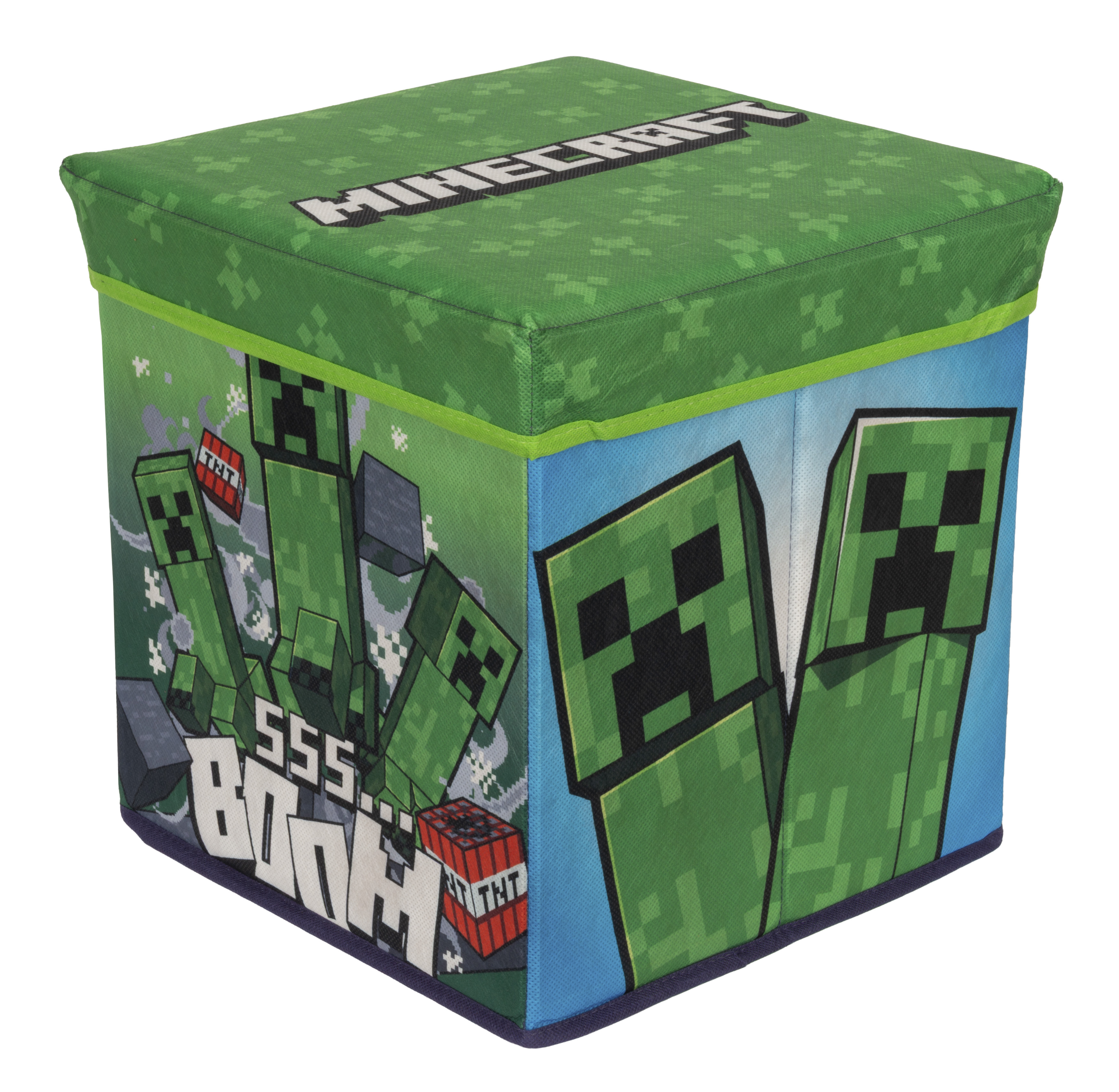 Ein Minecraft-Aufbewahrungswürfel. Grün mit Creeper- und TNT-Grafiken. Die Oberseite hat das Minecraft-Logo. Blaue und grüne Seiten.