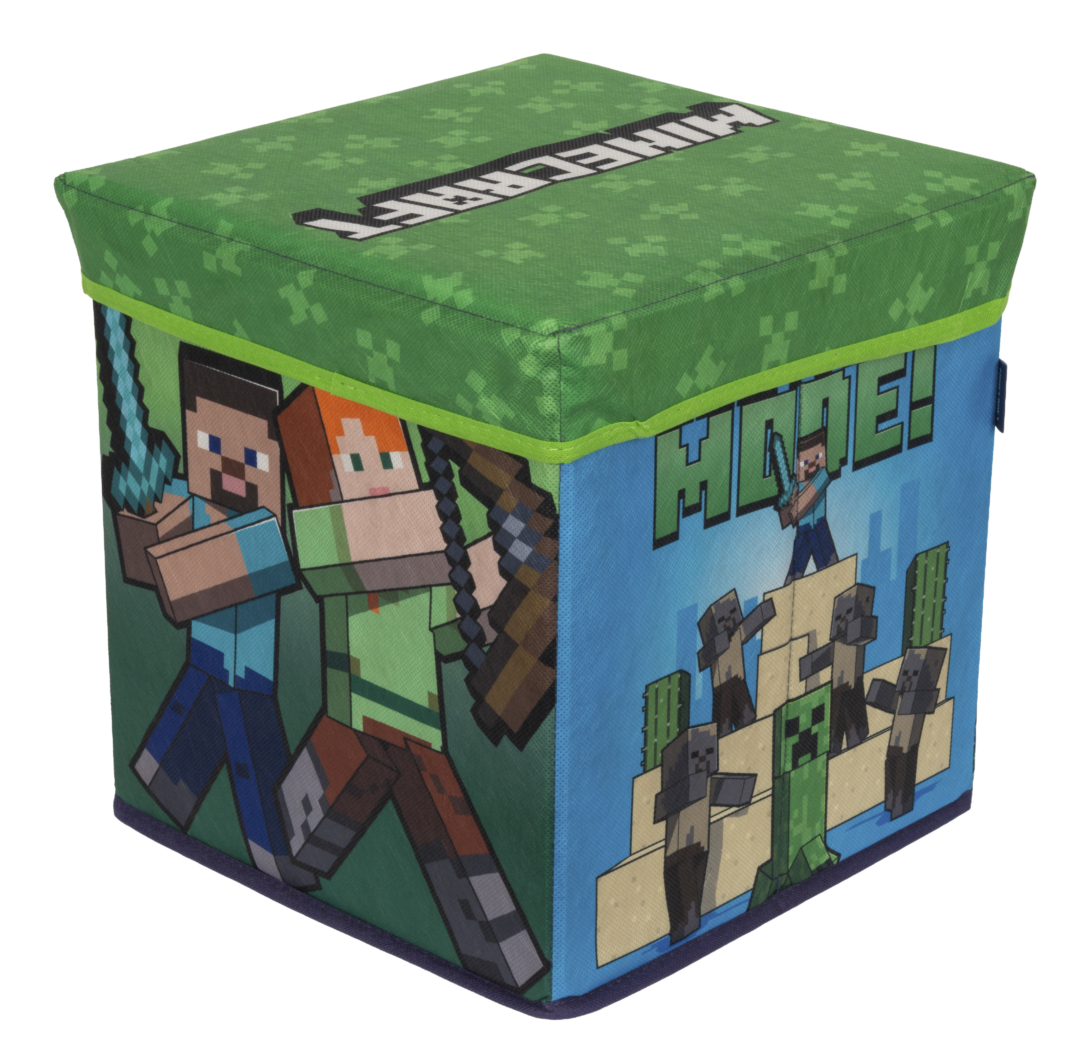 Minecraft-Würfel-Aufbewahrungsbox. Charaktere Steve und Alex mit Waffen, Zombies und Creeper an den Seiten.
