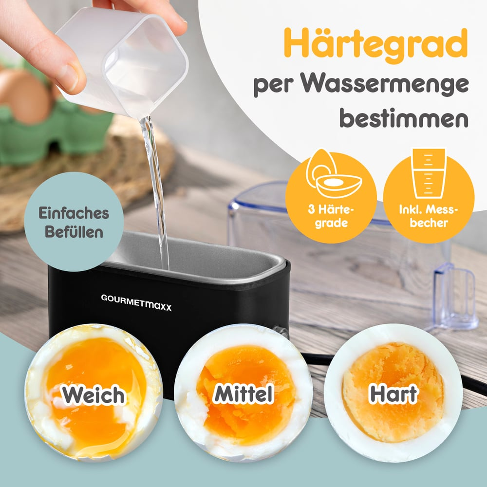 Hand gießt Wasser in einen schwarzen Eierkocher. Etiketten zeigen weich, mittel und hart gekochte Eier. Text zeigt Härtegrade.