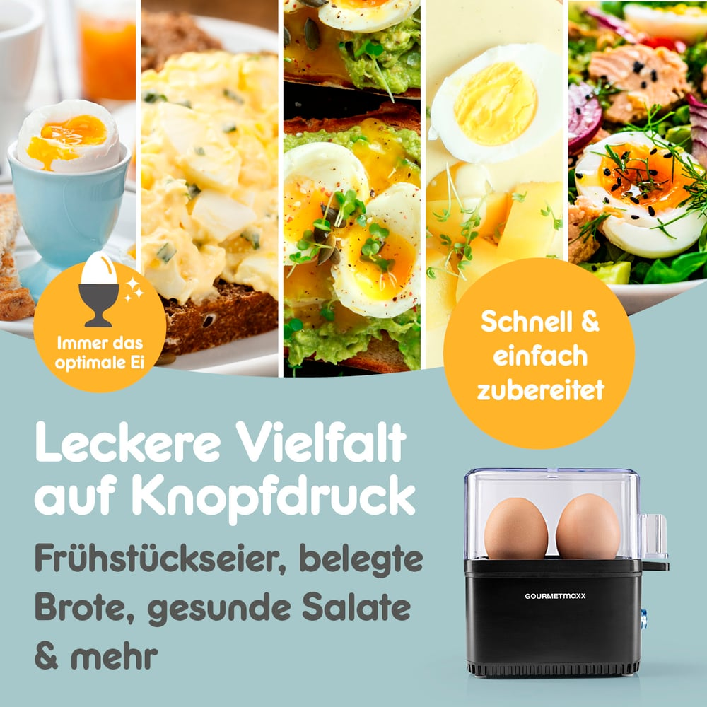 Collage von Eierspeisen: weich gekochtes Ei, Eiersalat-Sandwich, Avocado-Toast mit Eiern, Ei mit Sauce, Salat mit Ei. Text bewirbt Eierkochmaschine.