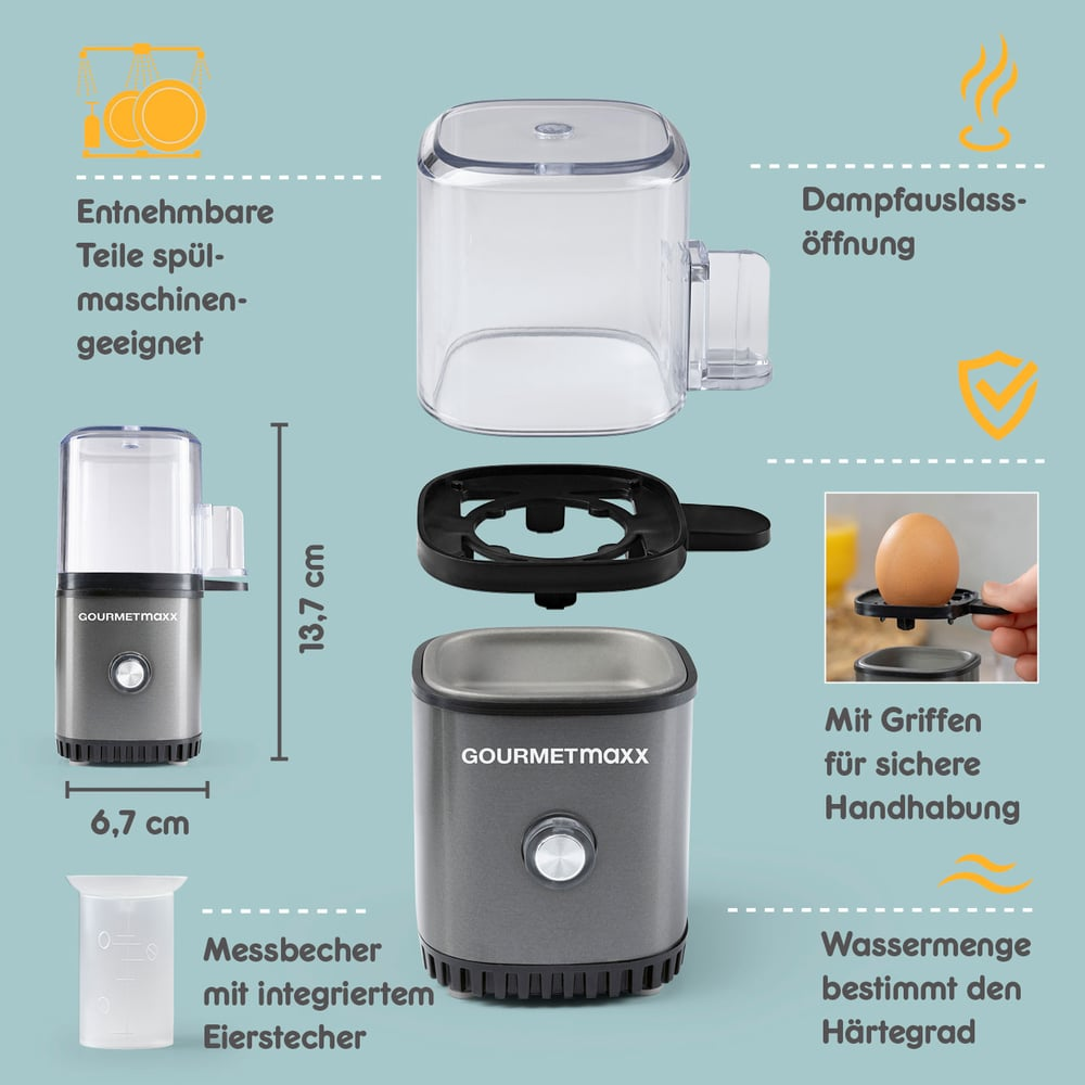 Explosionsansicht eines Eierkochers. Komponenten umfassen eine Basis, einen Messbecher und einen Deckel.
