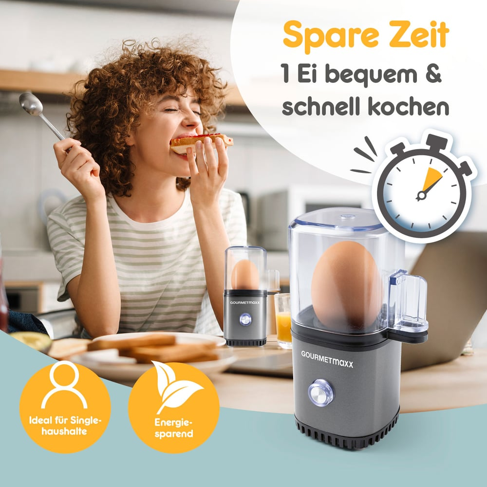 Eine Frau isst Toast mit einem Eierkocher. Der Kocher hat ein Ei darin. Text sagt: 'Spare Zeit, 1 Ei bequem & schnell kochen'.