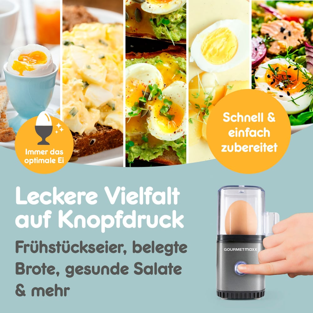 Das Bild zeigt verschiedene Eierspeisen und einen Eierkocher. Text sagt: 'Leckere Vielfalt auf Knopfdruck'. Frühstückseier, belegte Brote, Salate.