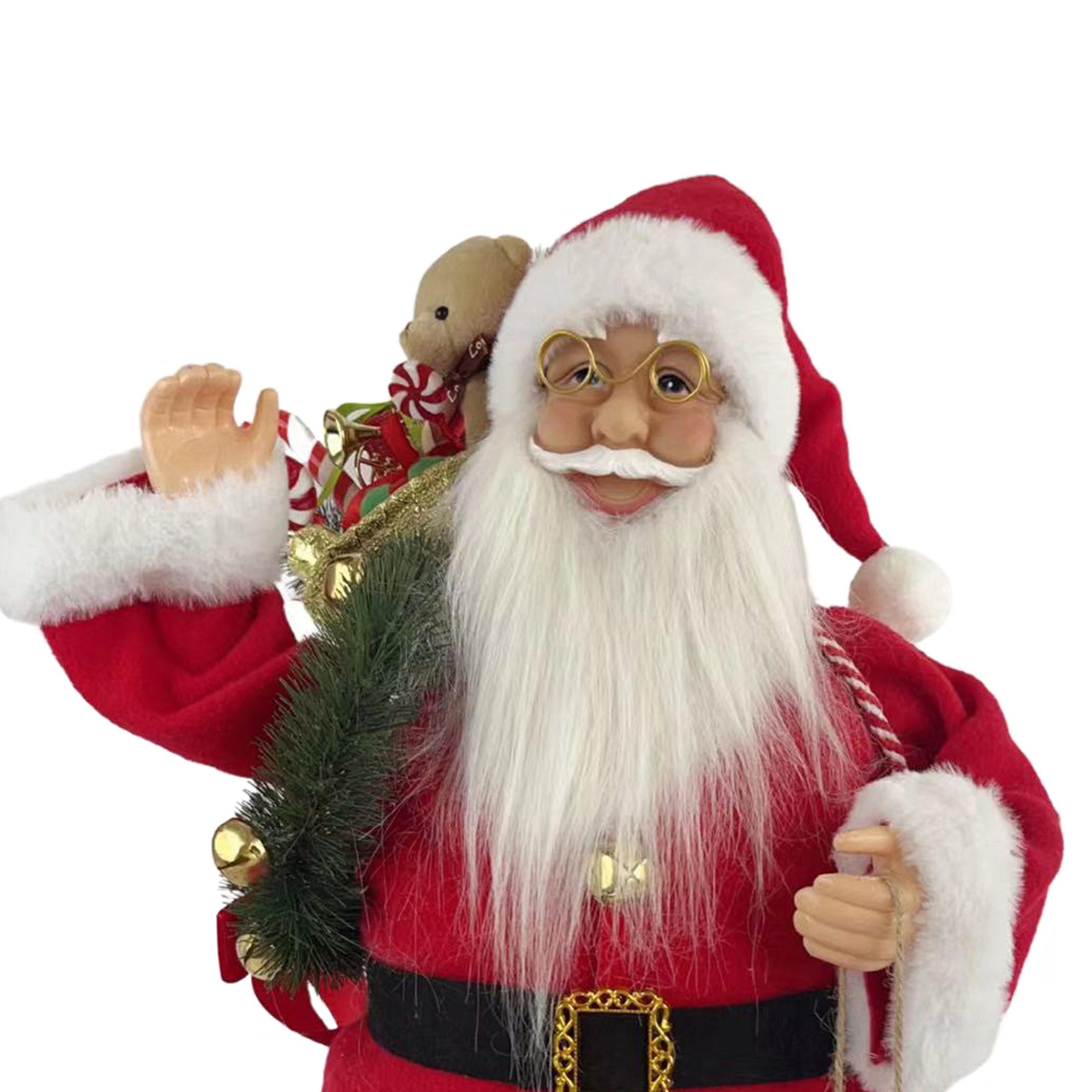 Weihnachtsmann-Figur mit rotem Anzug, weißem Bart, Brille, hält einen Sack mit Teddybär und Zuckerstangen.