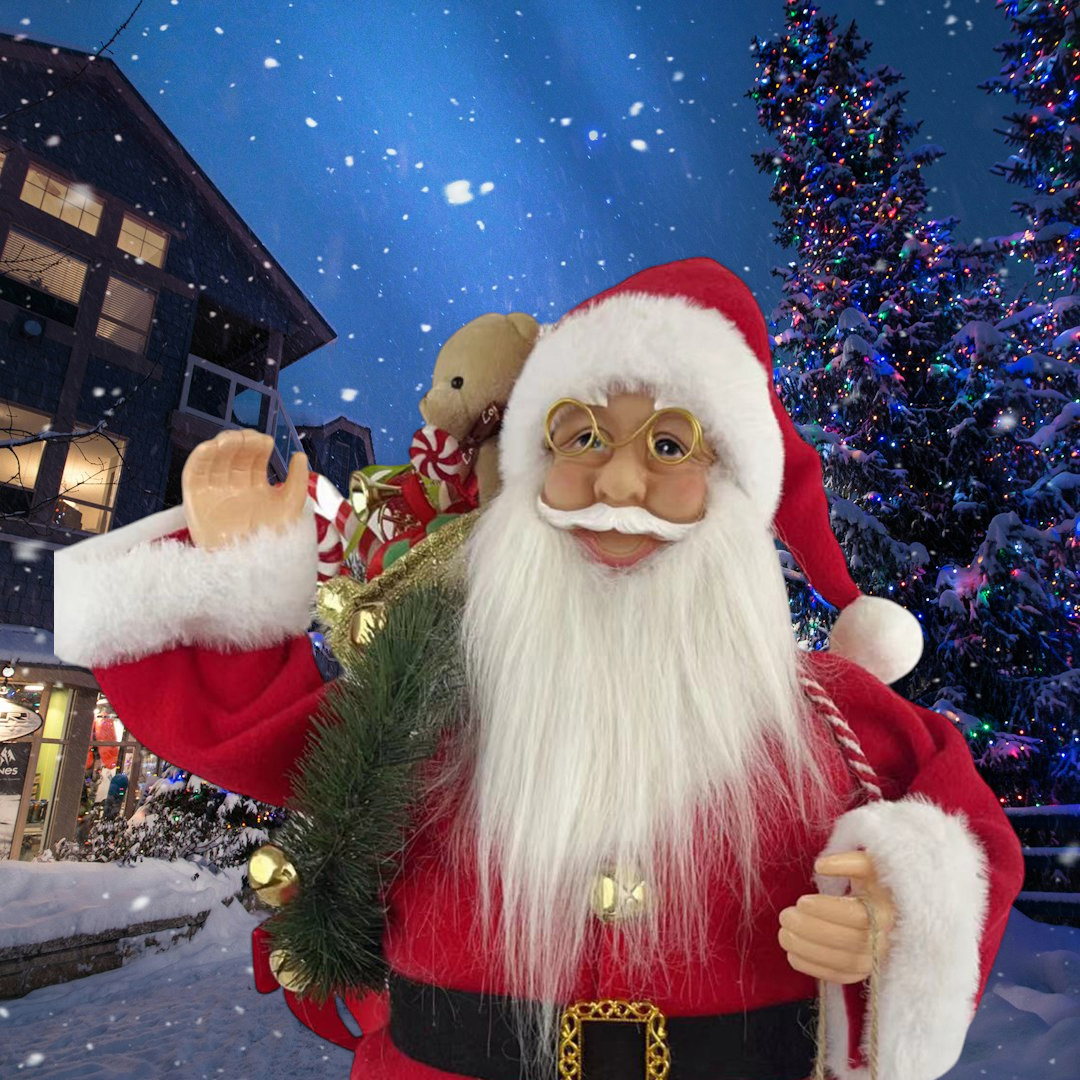 Weihnachtsmann-Figur mit Geschenken. Schneebedeckte Szene mit Gebäuden und Weihnachtsbäumen. Nacht, mit Schneefall.