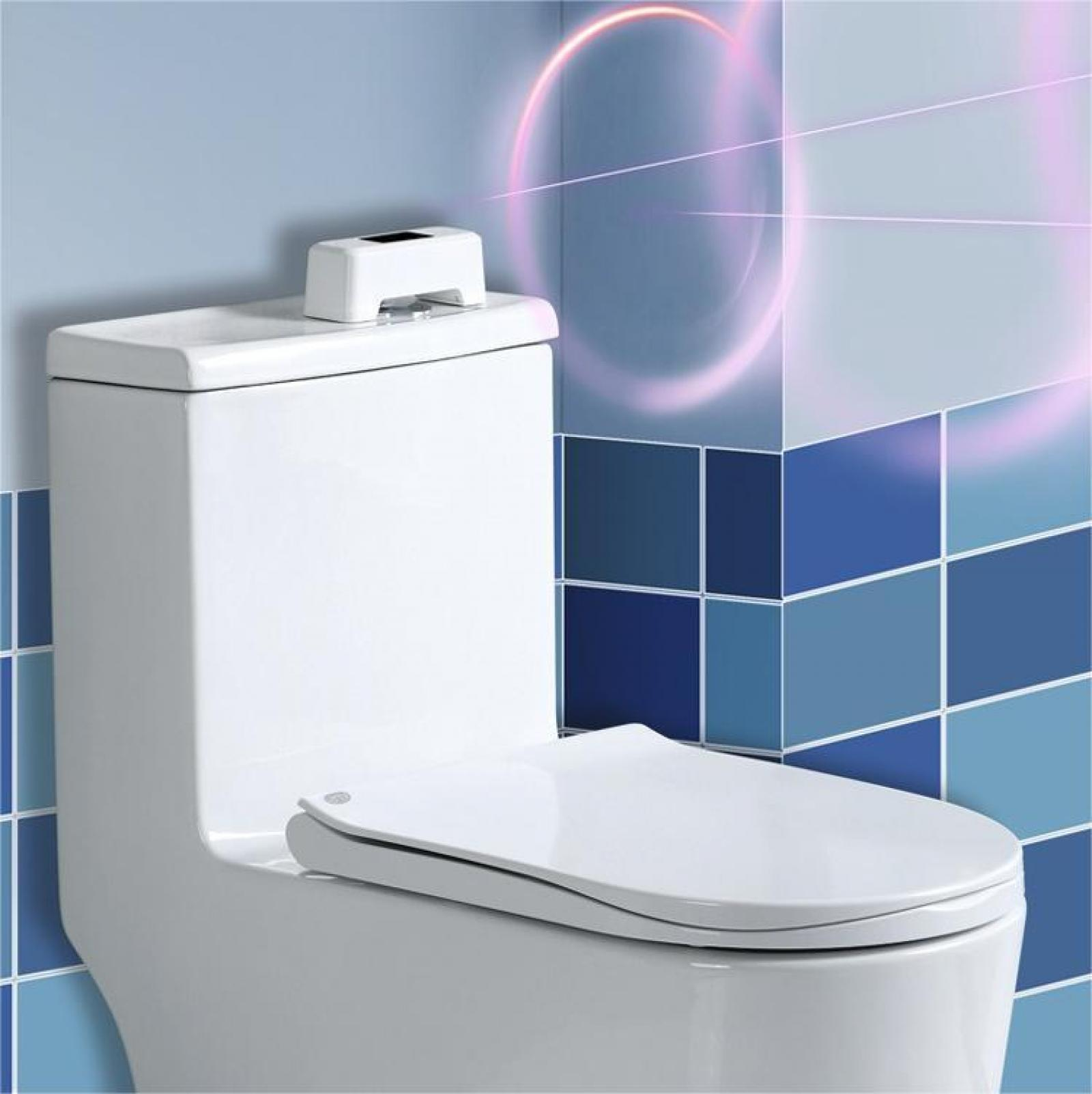Weiße Toilette mit Toilettensitz. Ein kleines weißes Gerät sitzt auf dem Tank. Blaue Fliesenwand im Hintergrund.