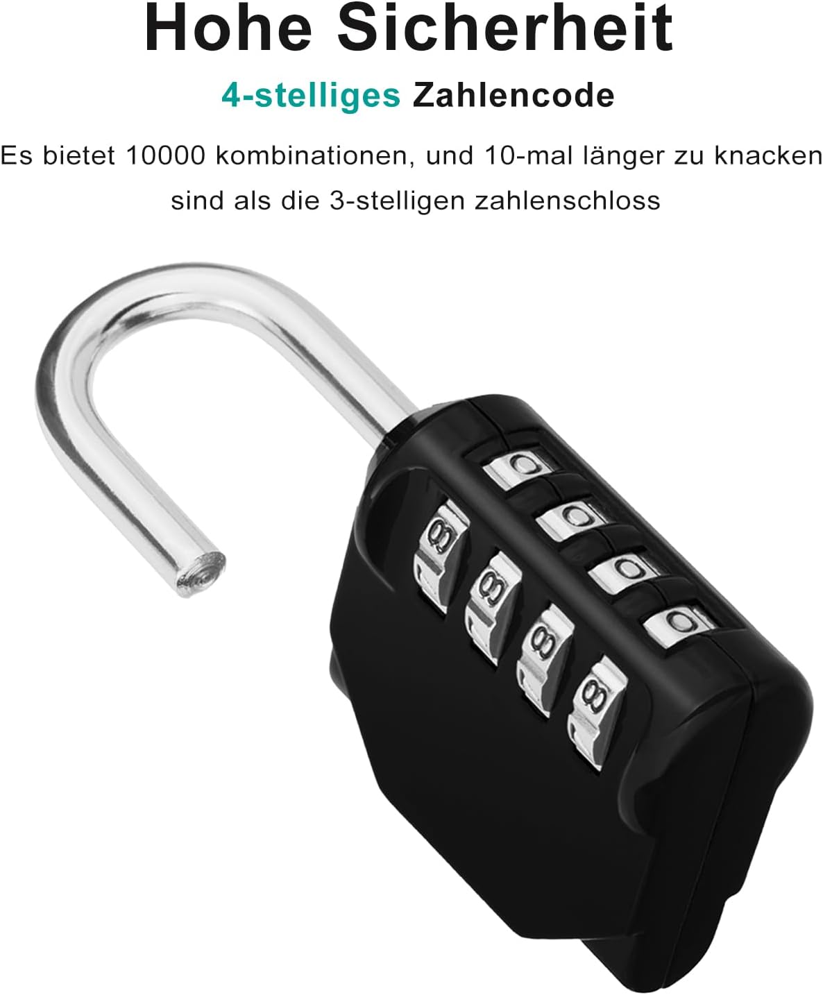 Nahaufnahme eines schwarzen Zahlenschlosses mit offenem silbernem Bügel. Text oben sagt 'Hohe Sicherheit' und '4-stelliger Code'.