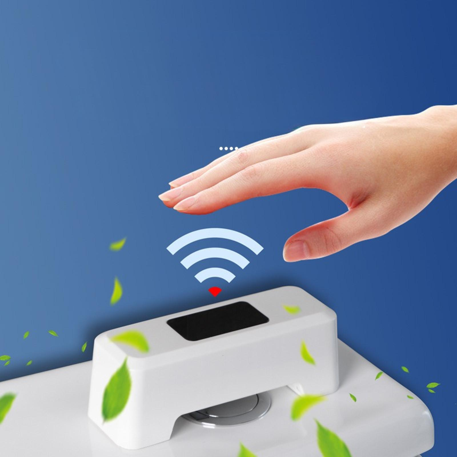 Eine Hand über einem weißen Sensor. Ein WLAN-Symbol wird angezeigt. Grüne Blätter schweben. Blauer Hintergrund.