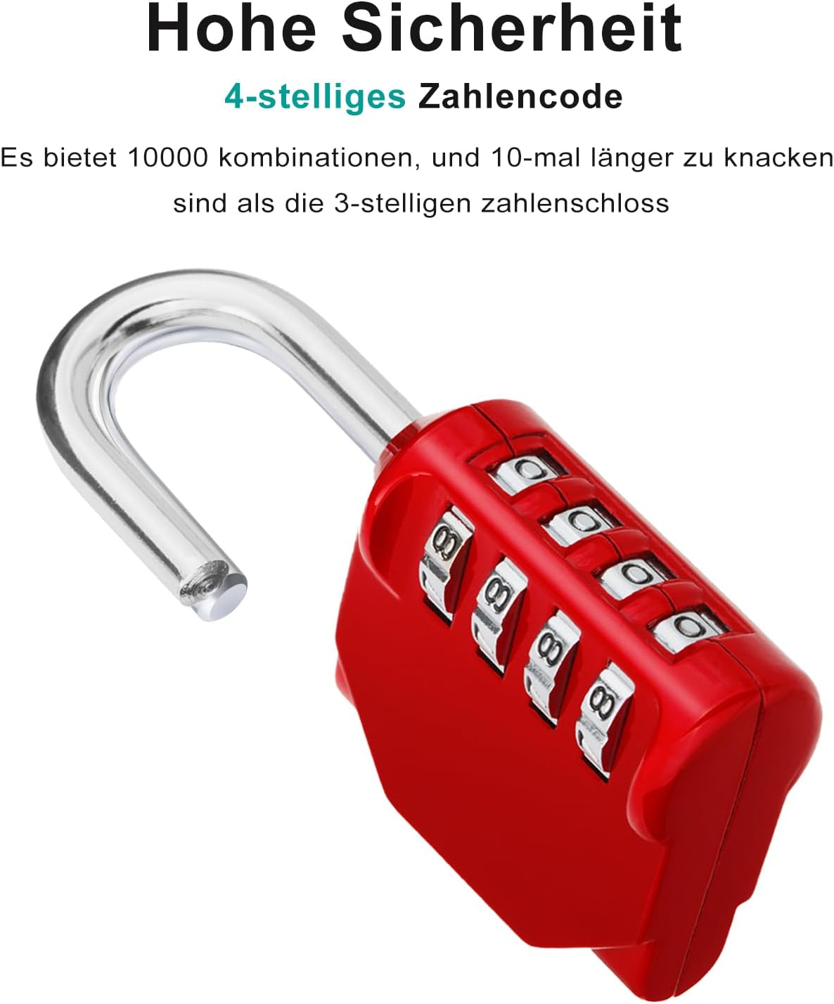 Ein rotes Zahlenschloss mit offenem Bügel. Auf den Zifferblättern erscheinen die Zahlen 00. Text oben lautet: Hohe Sicherheit, 4-stelliger Code.