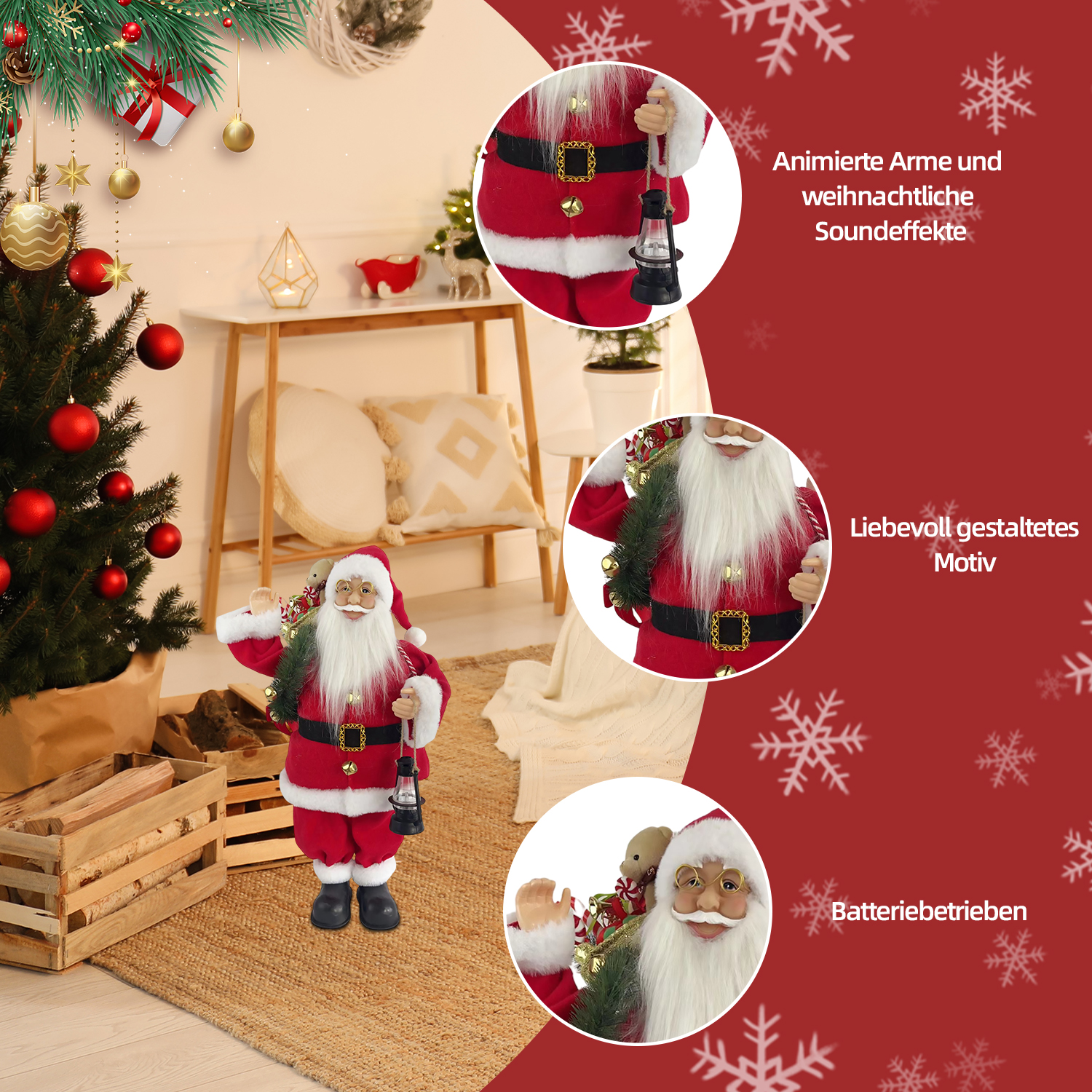 Eine Weihnachtsmannfigur in rotem Anzug steht auf einem Teppich neben einem Weihnachtsbaum. Im Hintergrund ein Tisch und Dekorationen.