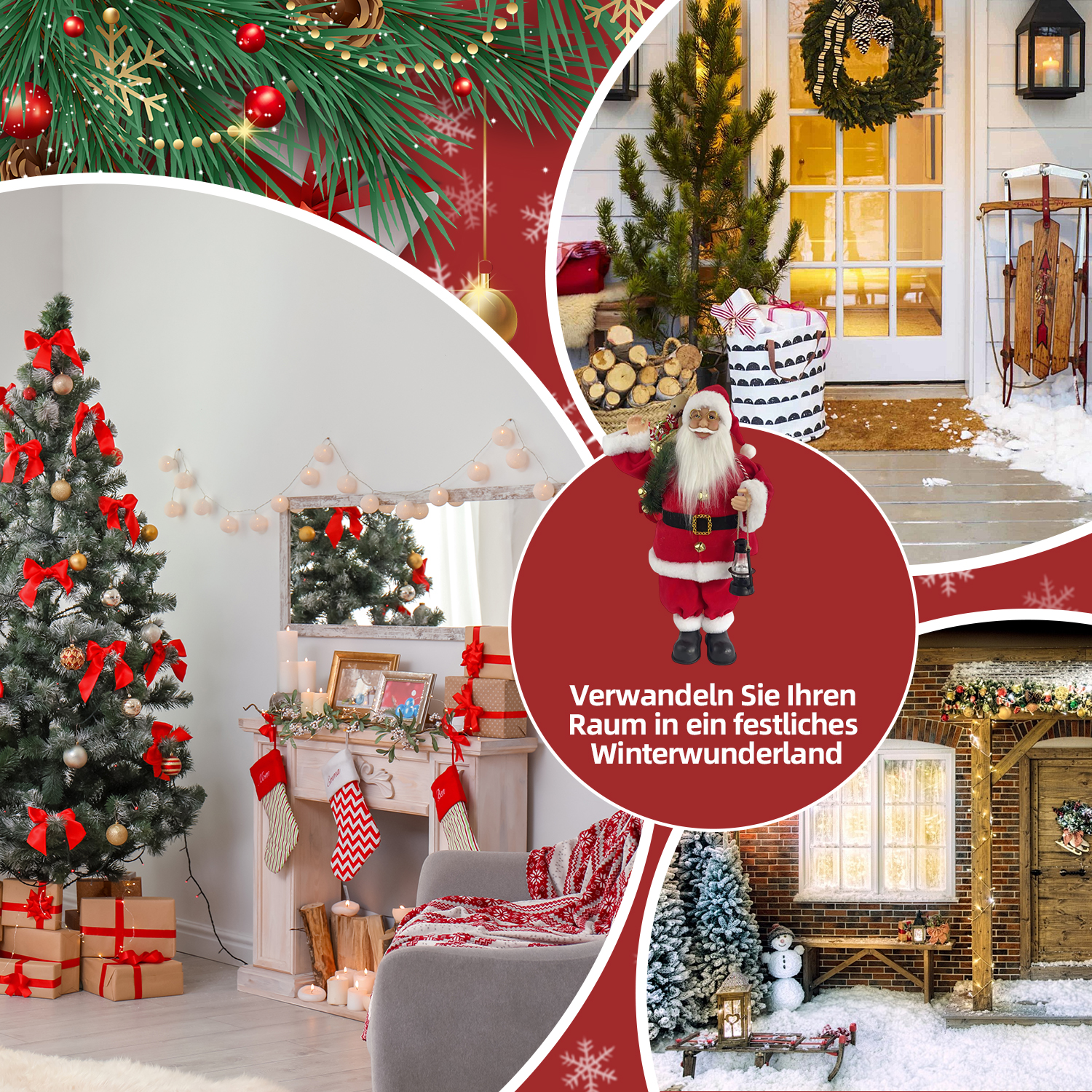 Eine Collage mit festlichen Weihnachtsszenen: geschmückter Baum, Kamin, Eingang mit Kranz und Schneemann im Freien.