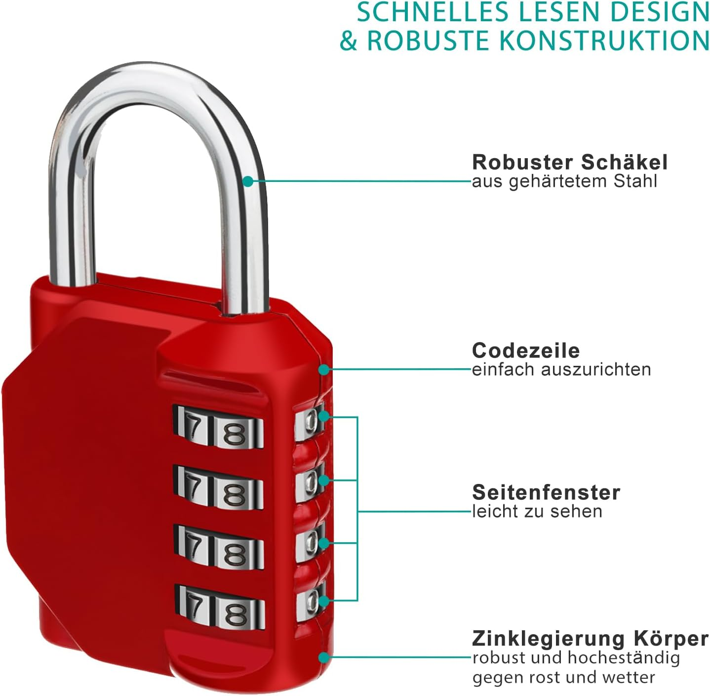 Ein rotes Zahlenschloss mit silbernem Bügel. Die Zahlen 7, 8 und 0 sind sichtbar. Text kennzeichnet seine Merkmale.