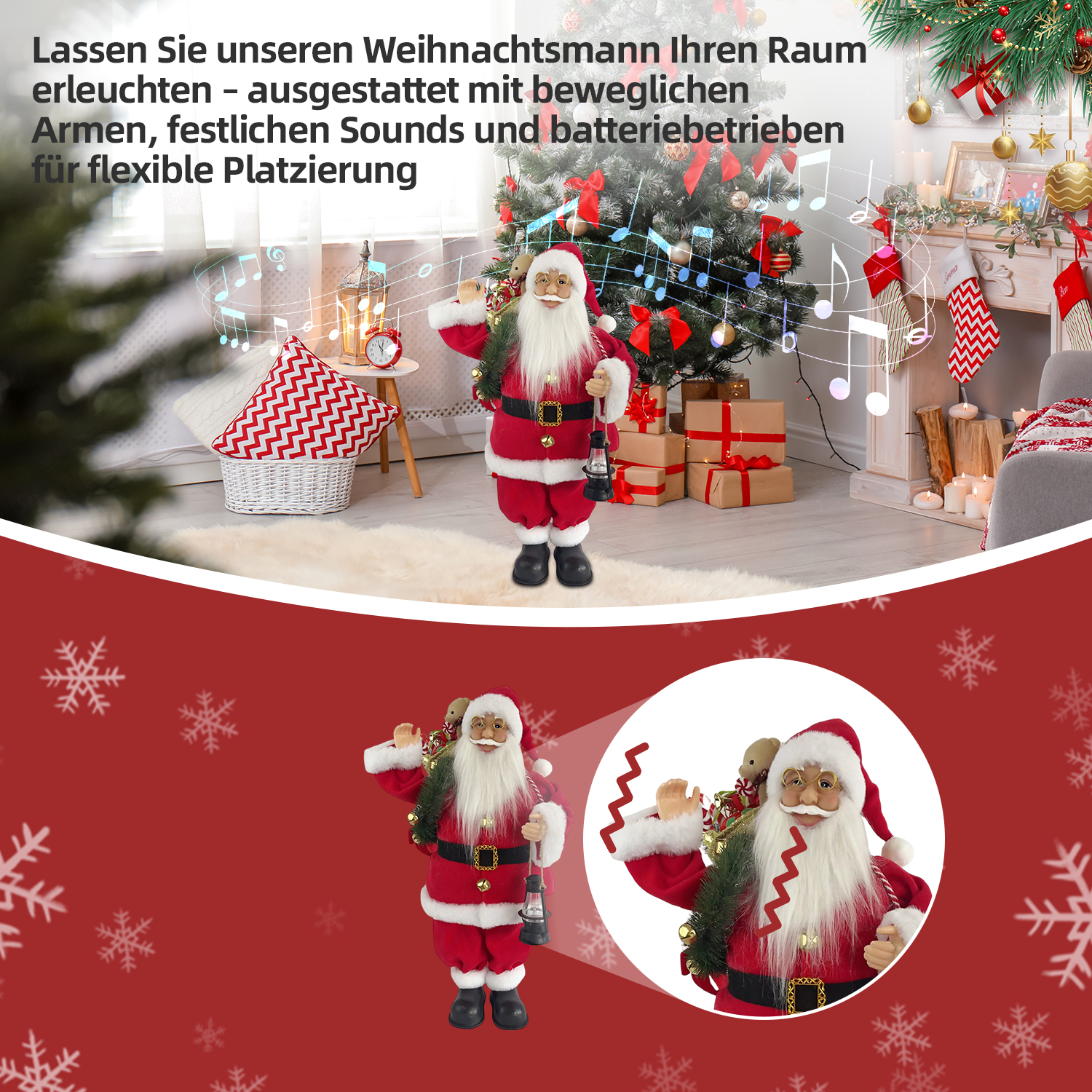 Eine Weihnachtsmannfigur in weihnachtlicher Umgebung. Ein geschmückter Baum, Geschenke und ein Kamin sind sichtbar.